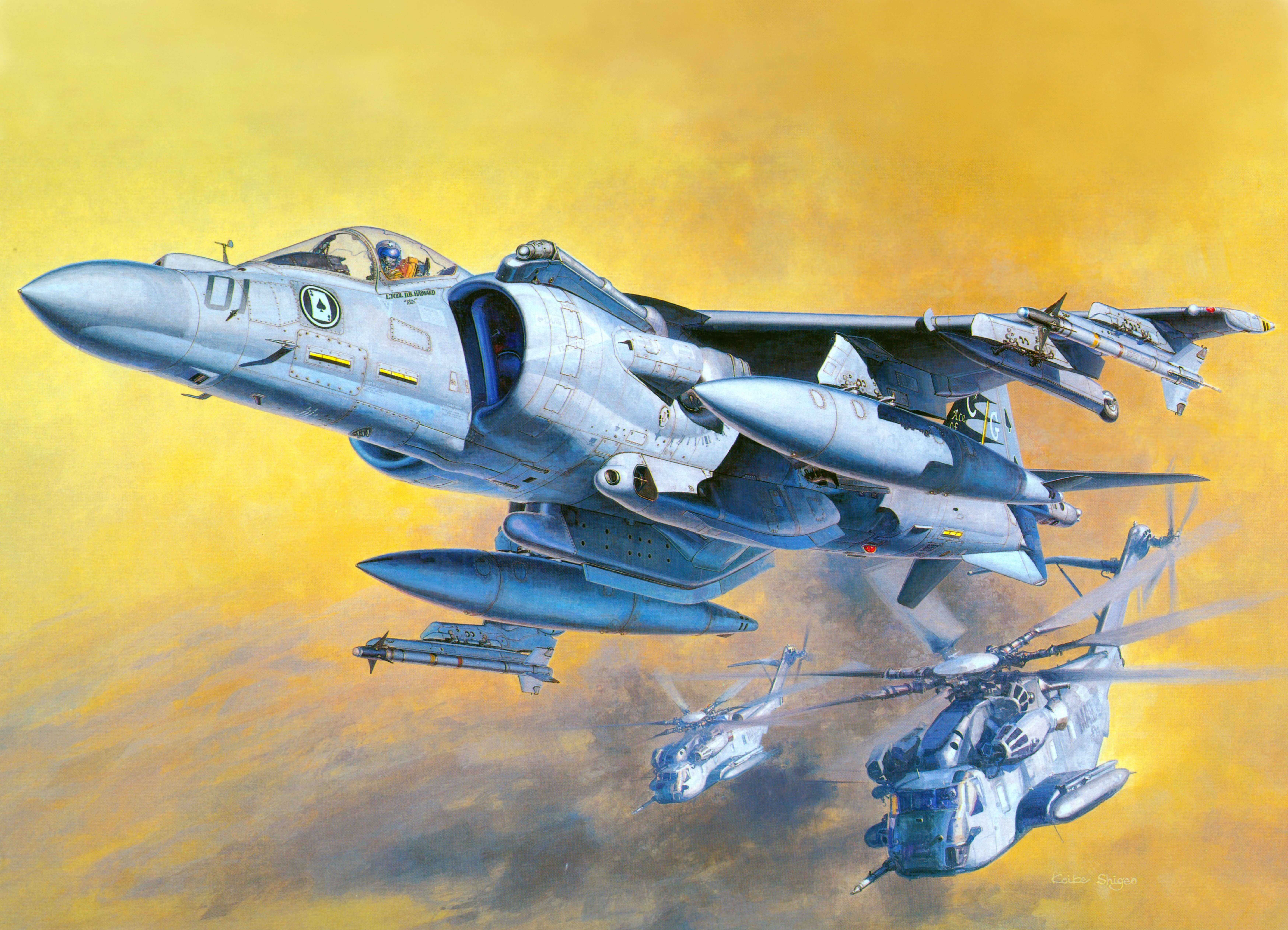 AV-8B Harrier II Plus and helicopters in flight HD Wallpaper