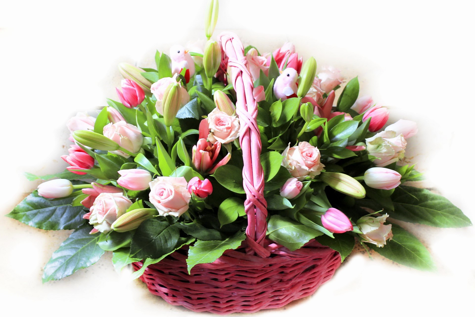 Pink and white flower basket arrangement with birds HD Wallpaper