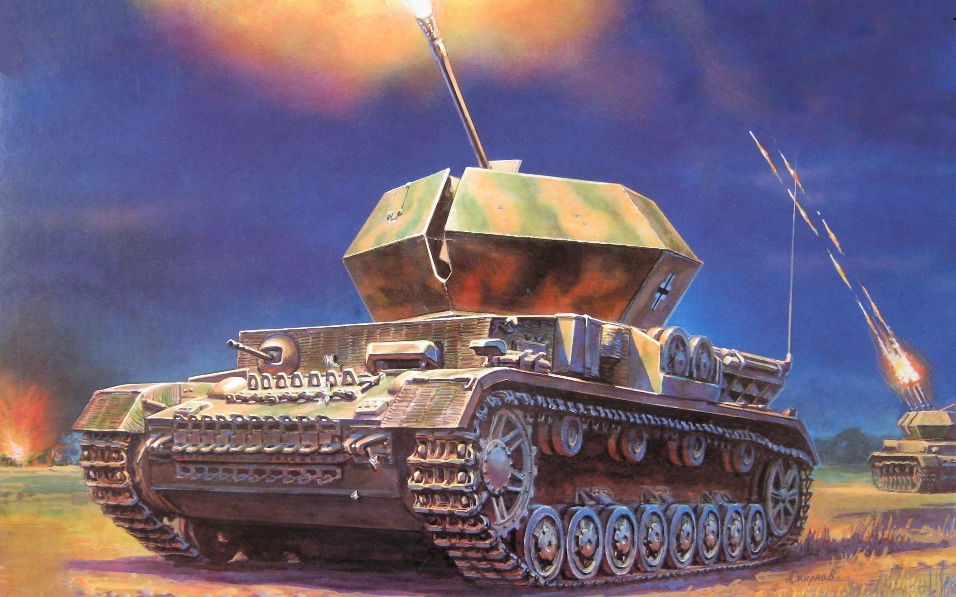 Painting of a German SPG firing at night HD Wallpaper