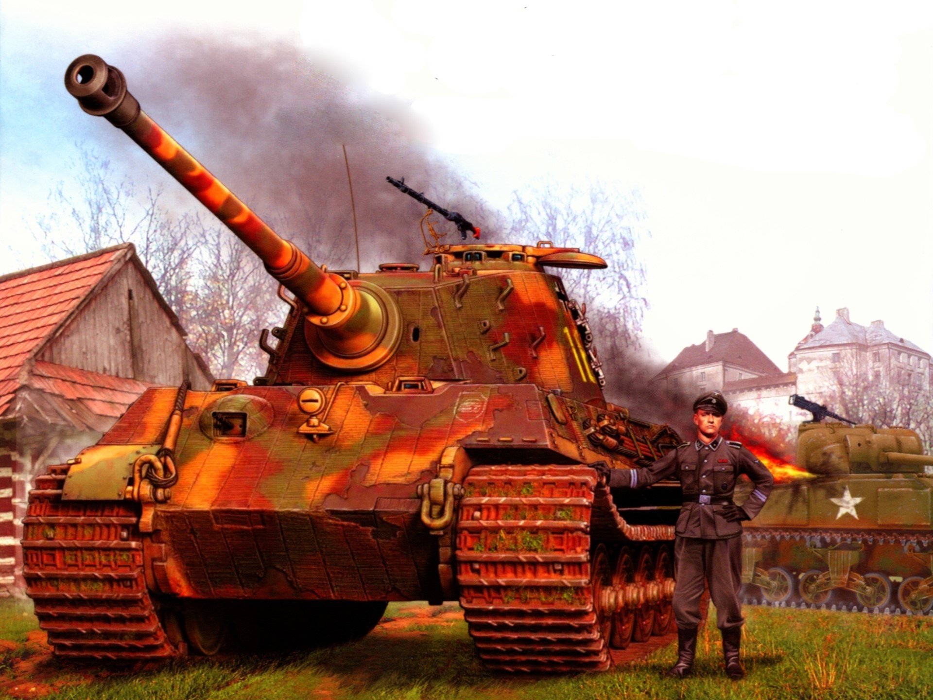 German soldier and tanks in a battle scene HD Wallpaper