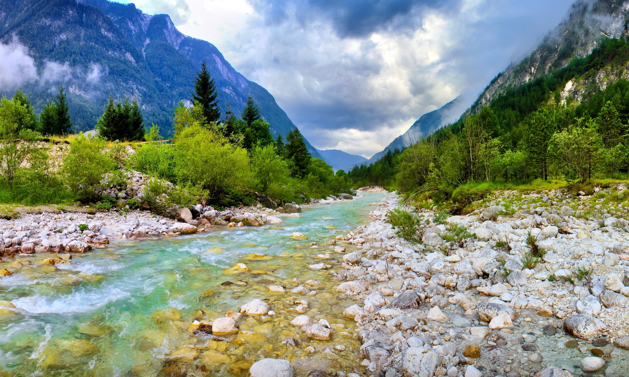 Mountain river flowing through a rocky valley HD Wallpaper