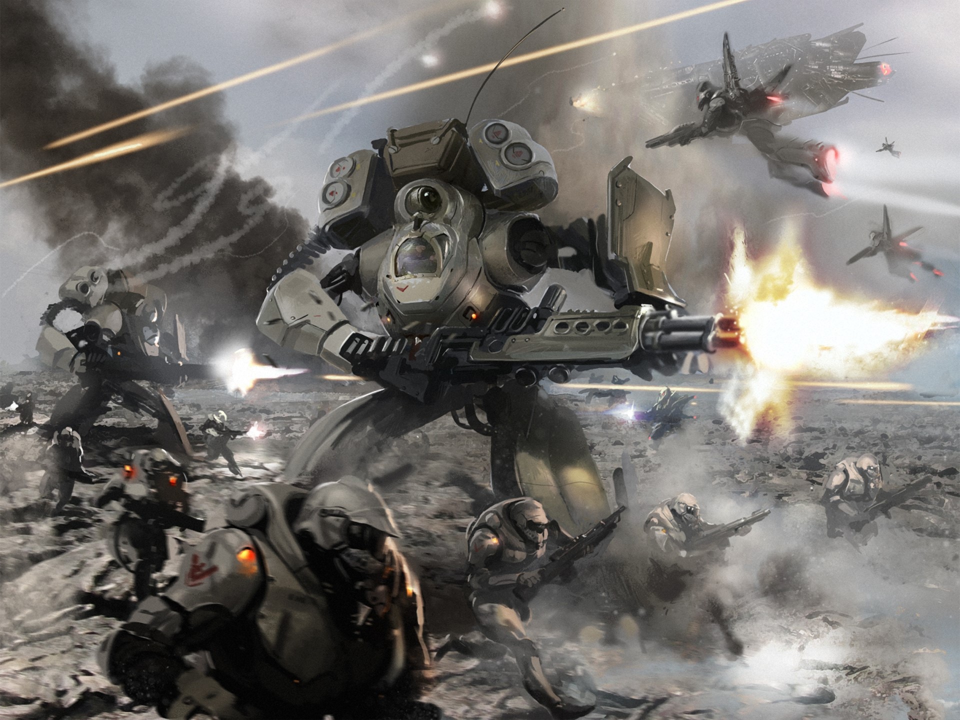 Mechs and soldiers in a futuristic battle HD Wallpaper