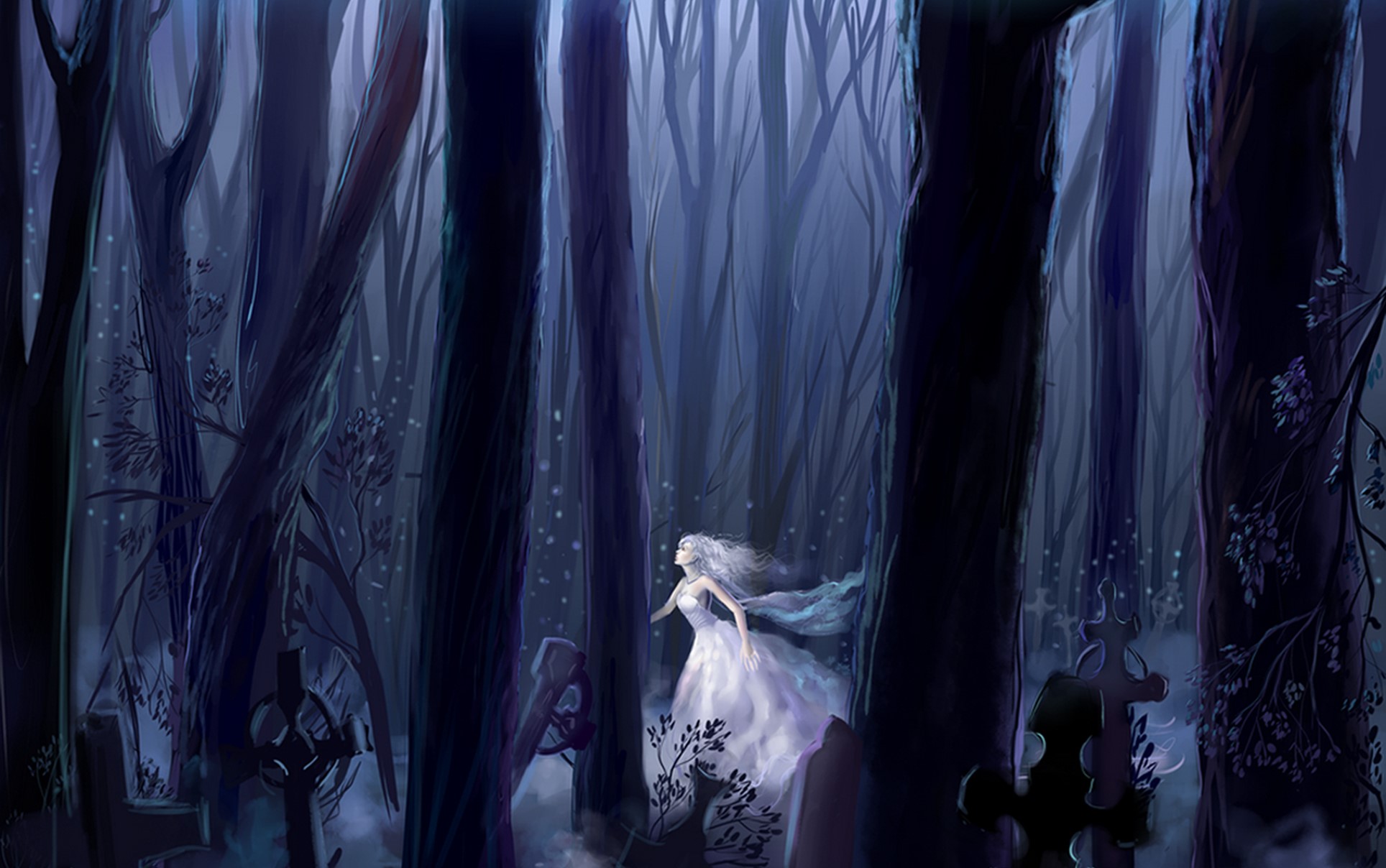 Ghostly bride in a dark forest cemetery HD Wallpaper