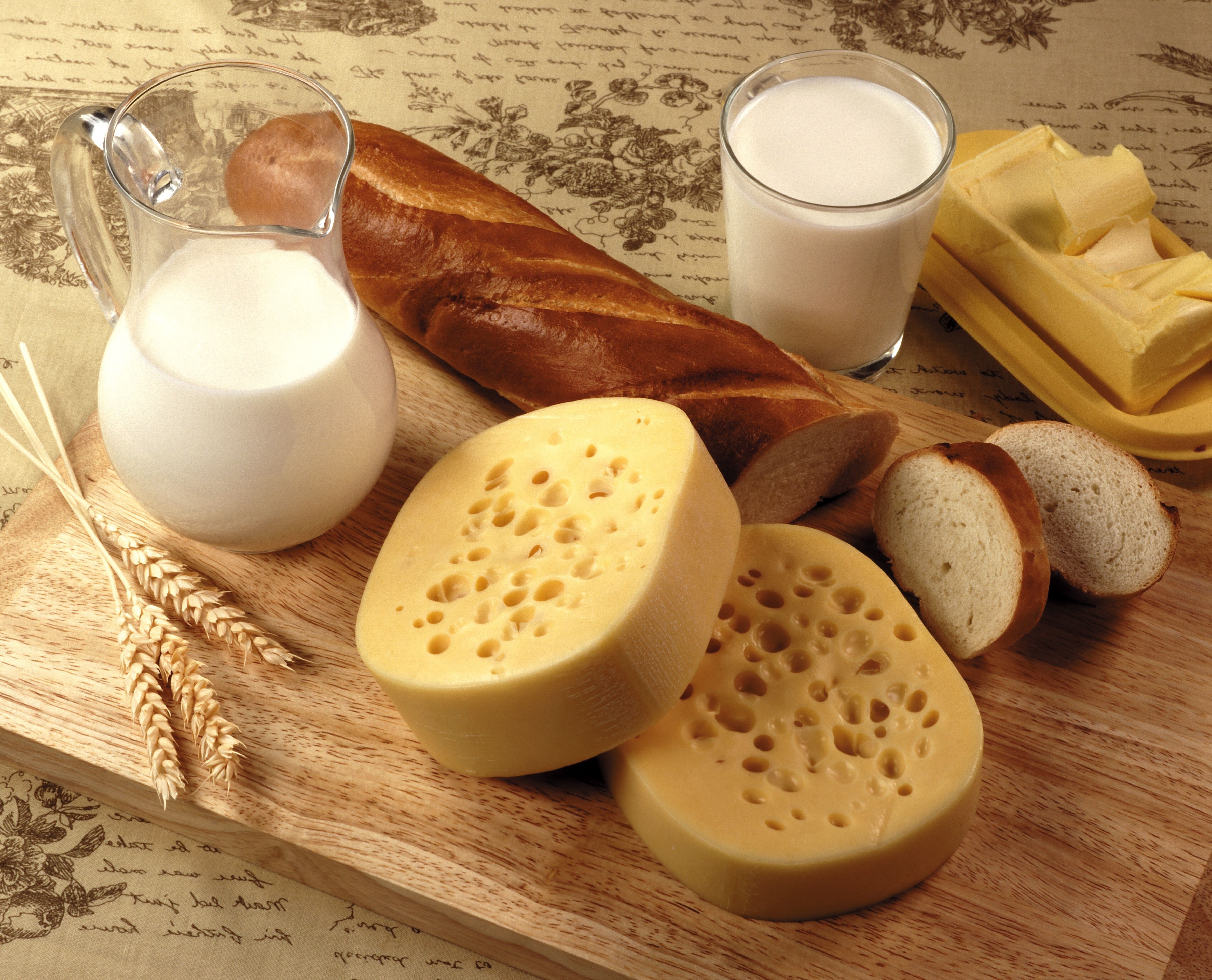 Cheese, Bread, Milk, and Butter on a Wooden Board HD Wallpaper