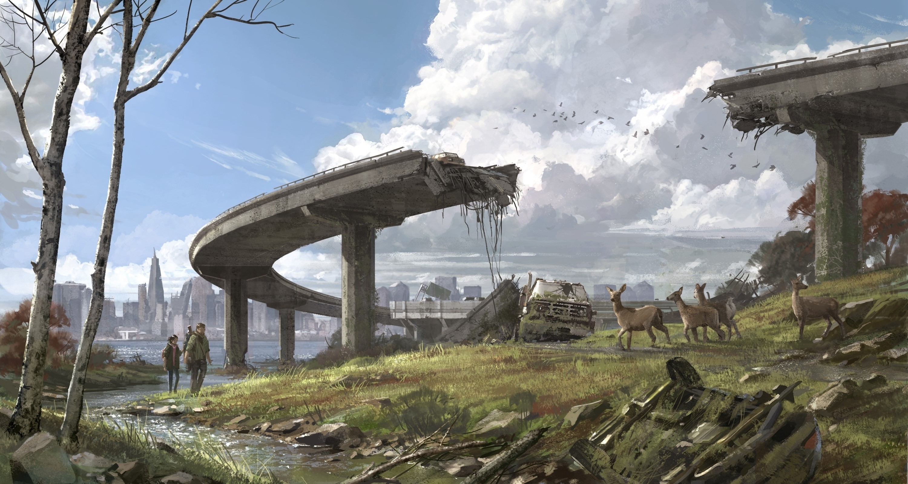 Two people walk by a river near a destroyed highway overpass HD Wallpaper