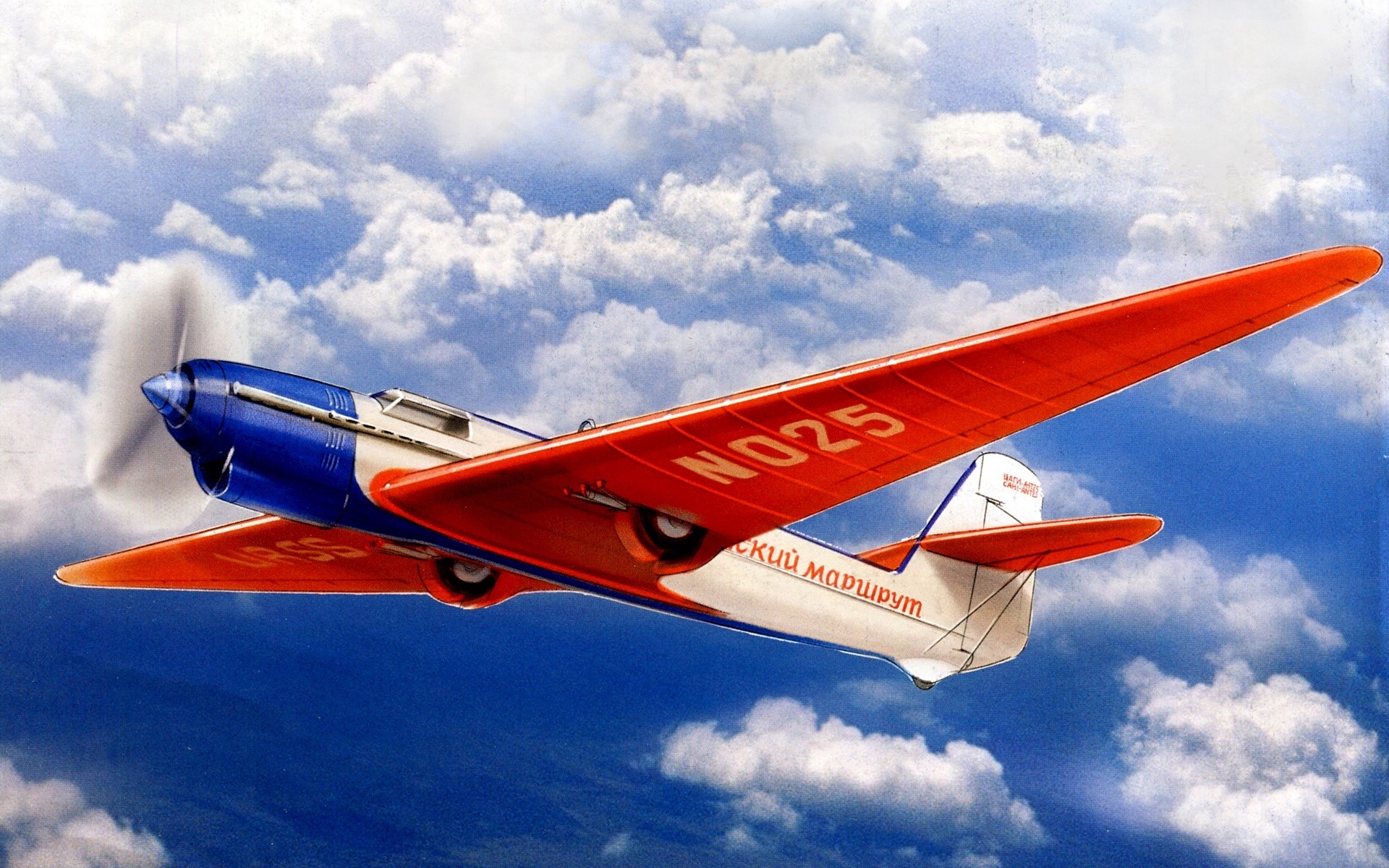 Red and blue airplane flying in the sky HD Wallpaper