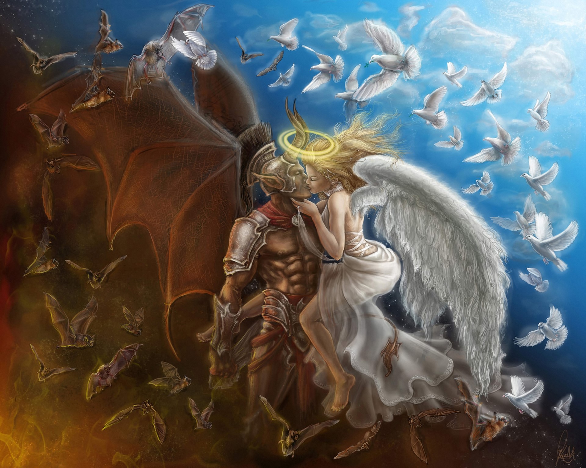 Angel and demon couple kissing amidst bats and doves HD Wallpaper