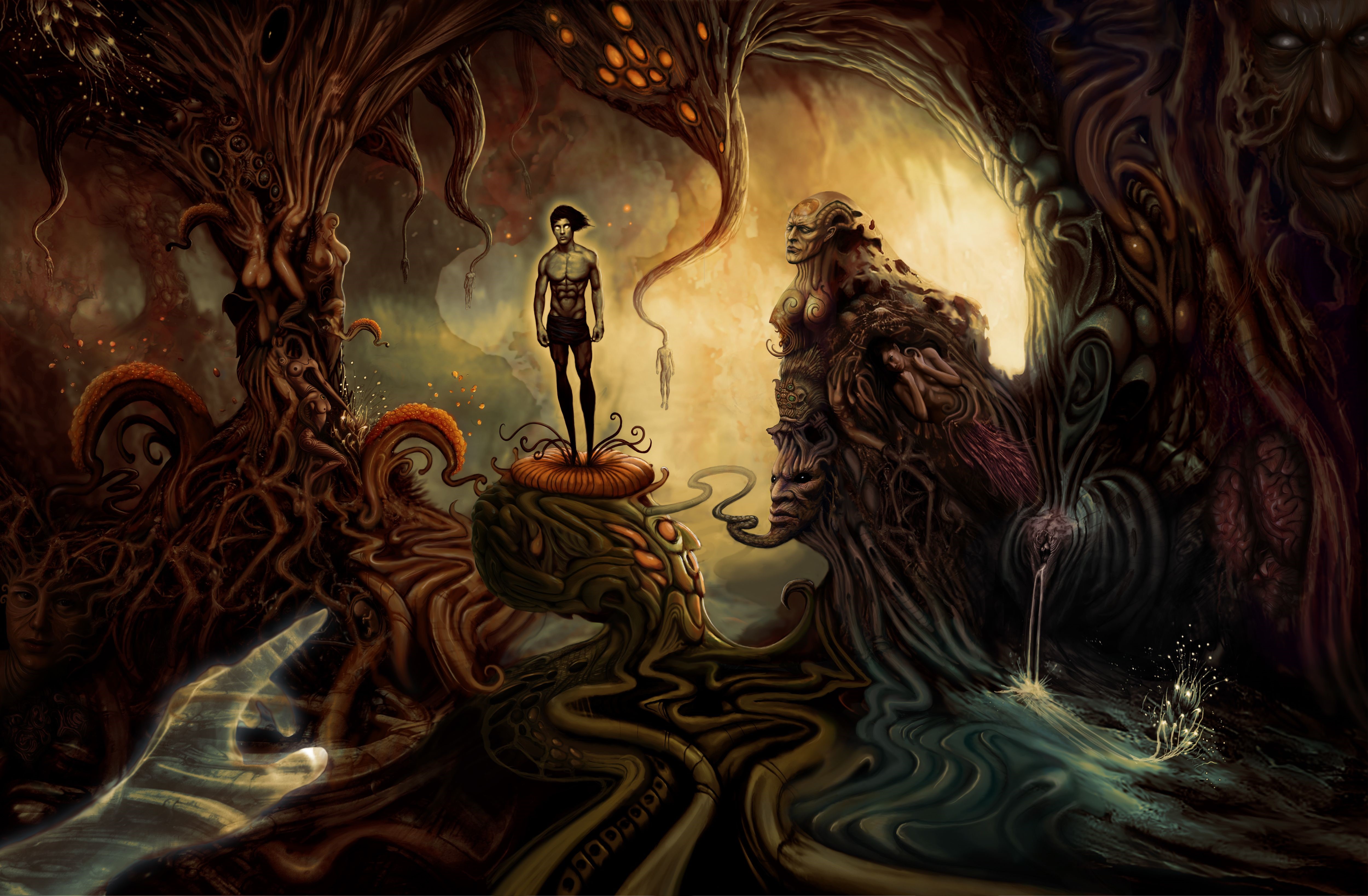 Surreal landscape with a man and monstrous figures HD Wallpaper