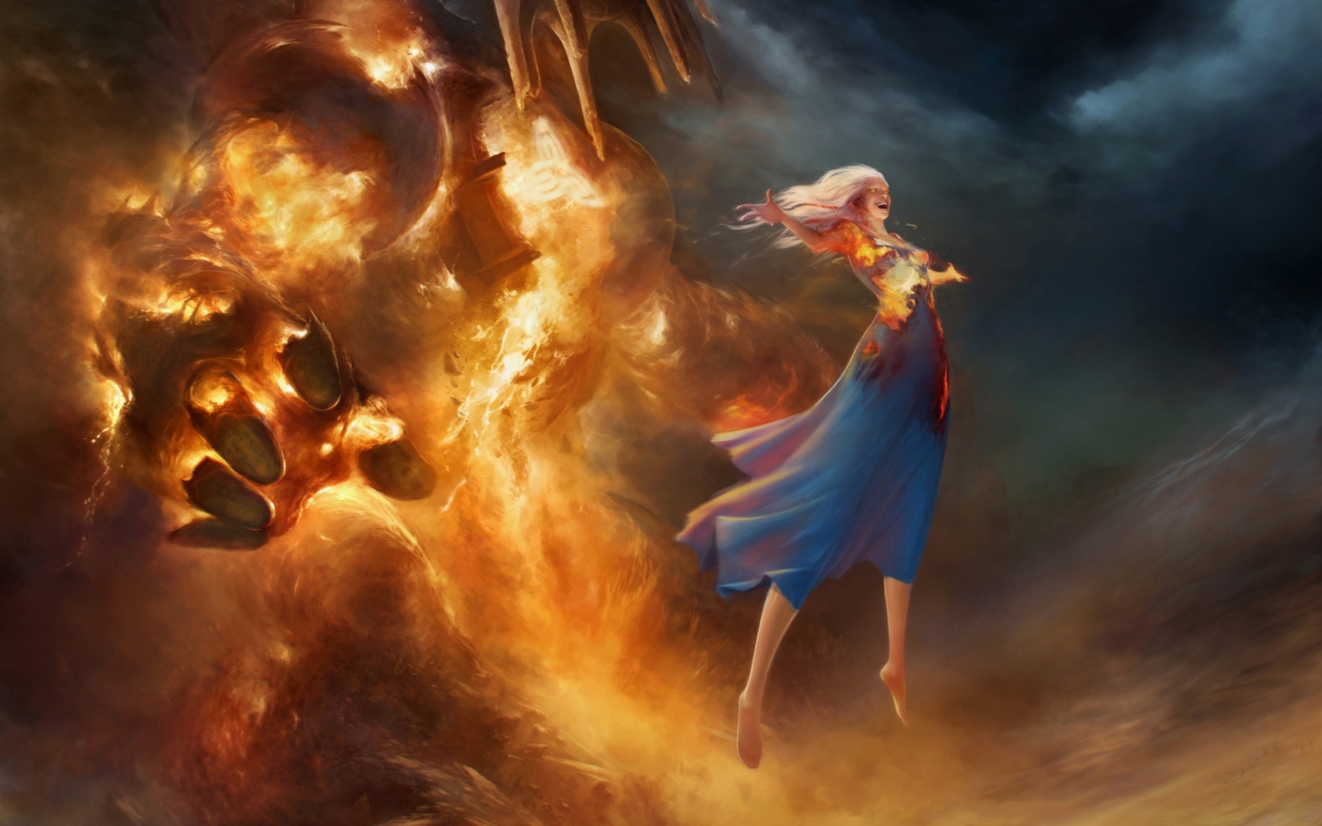 Girl in blue dress facing a fiery monster HD Wallpaper
