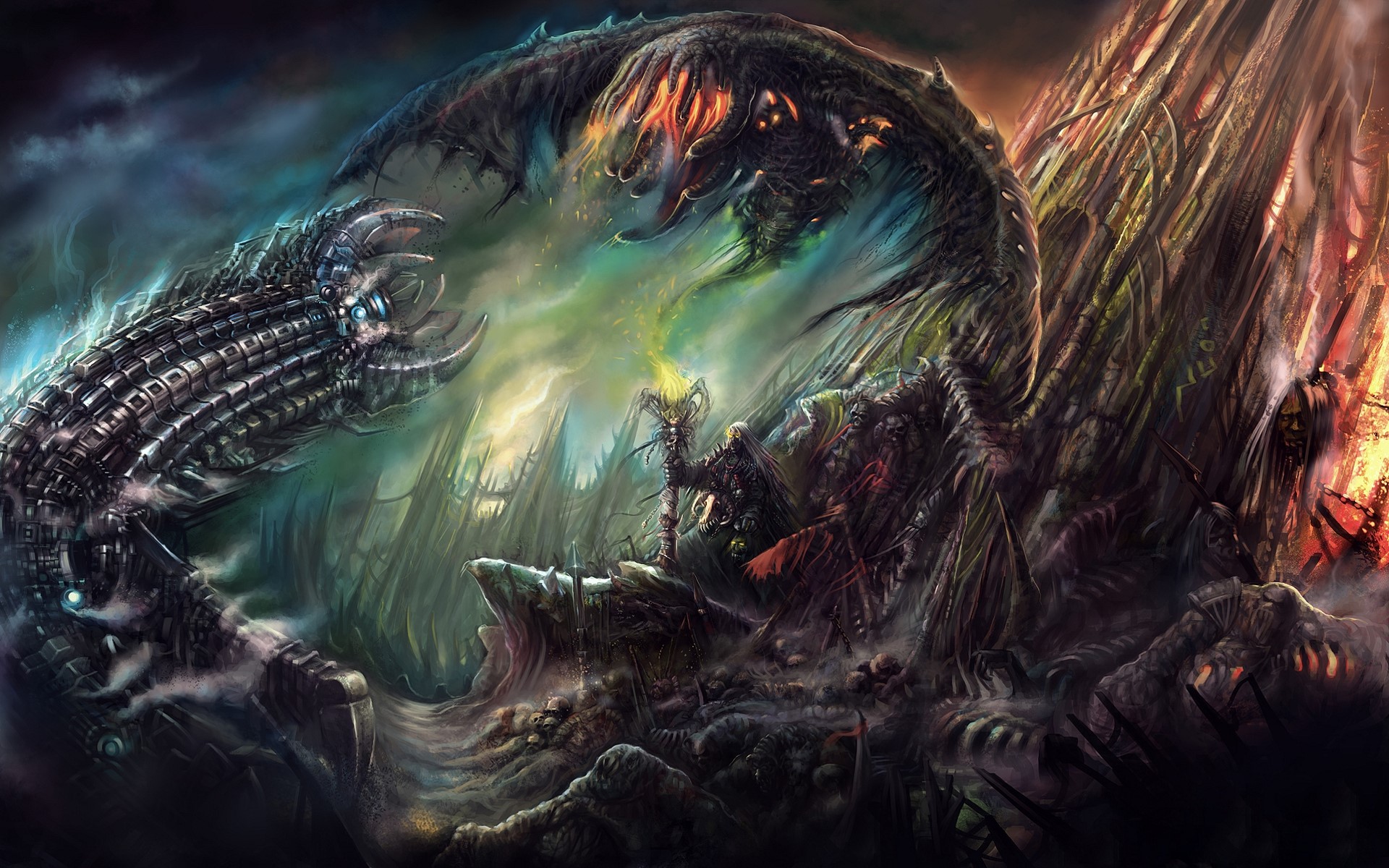Mechanical creature and a dark fantasy landscape HD Wallpaper
