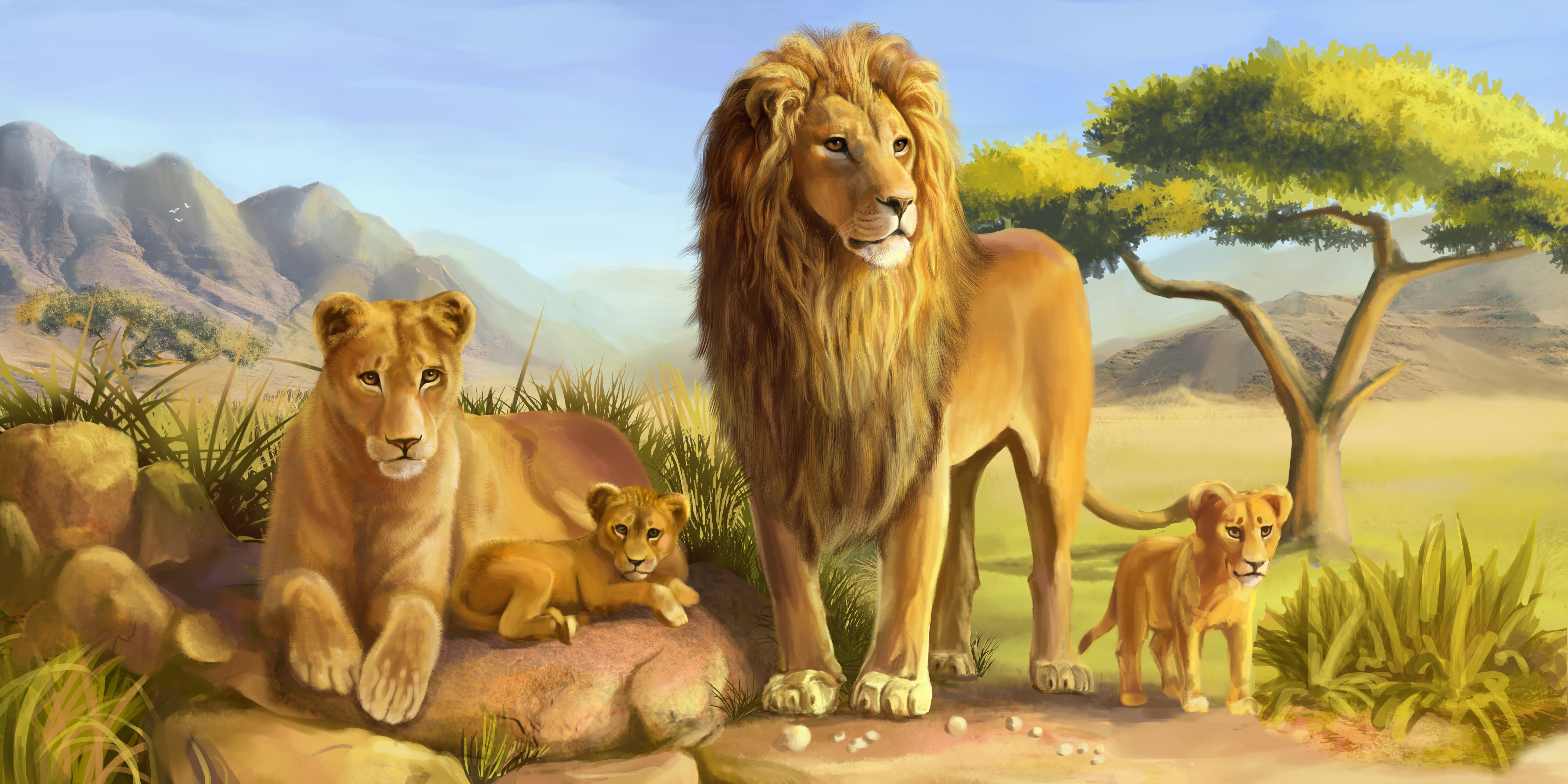 Lion Family in African Savannah Painting HD Wallpaper