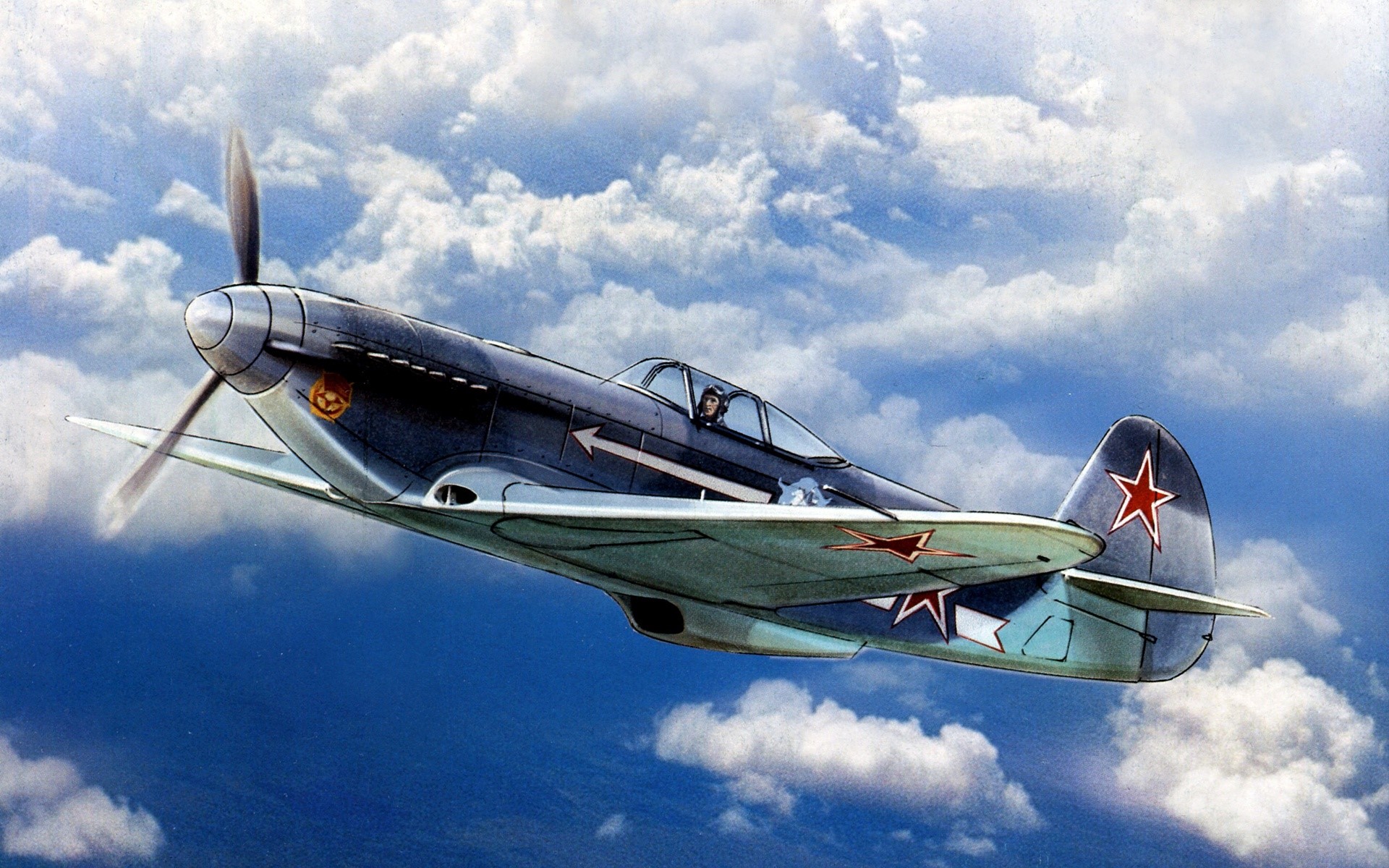 Painting of a Soviet Lavochkin La-7 fighter plane in flight HD Wallpaper