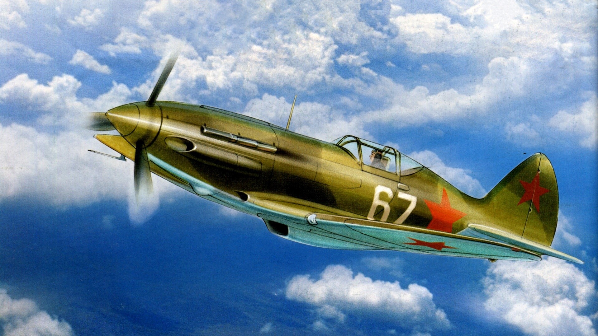 Painting of a Soviet fighter plane in flight HD Wallpaper