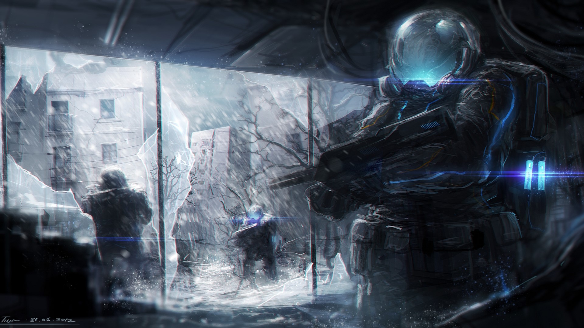 Soldier in futuristic armor with broken window and ruined city HD Wallpaper