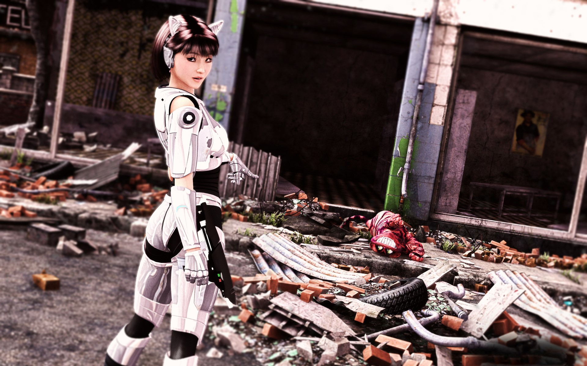 Woman in futuristic armor with cat ears in ruins HD Wallpaper