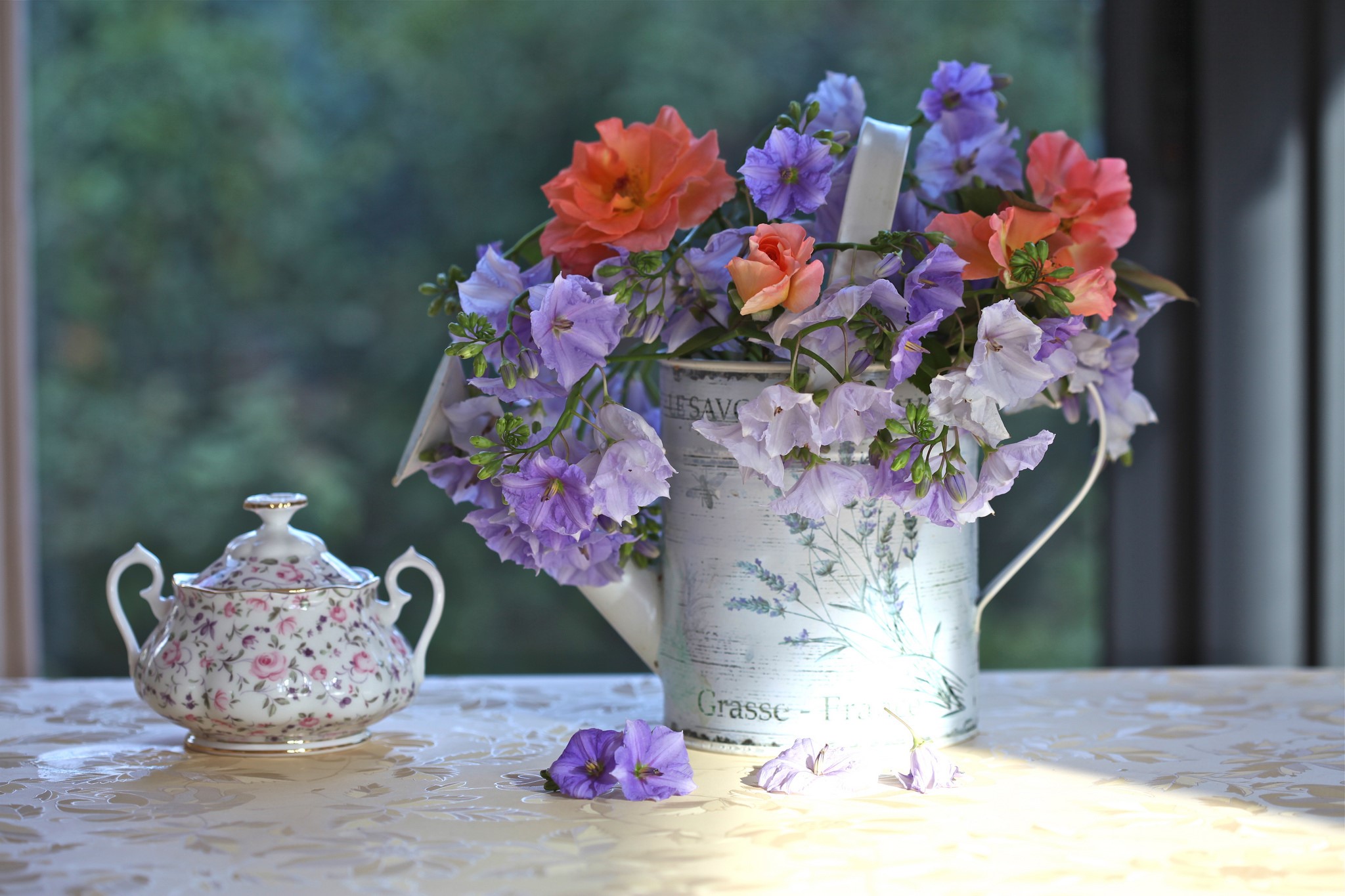 Bouquet in a watering can with a sugar bowl HD Wallpaper