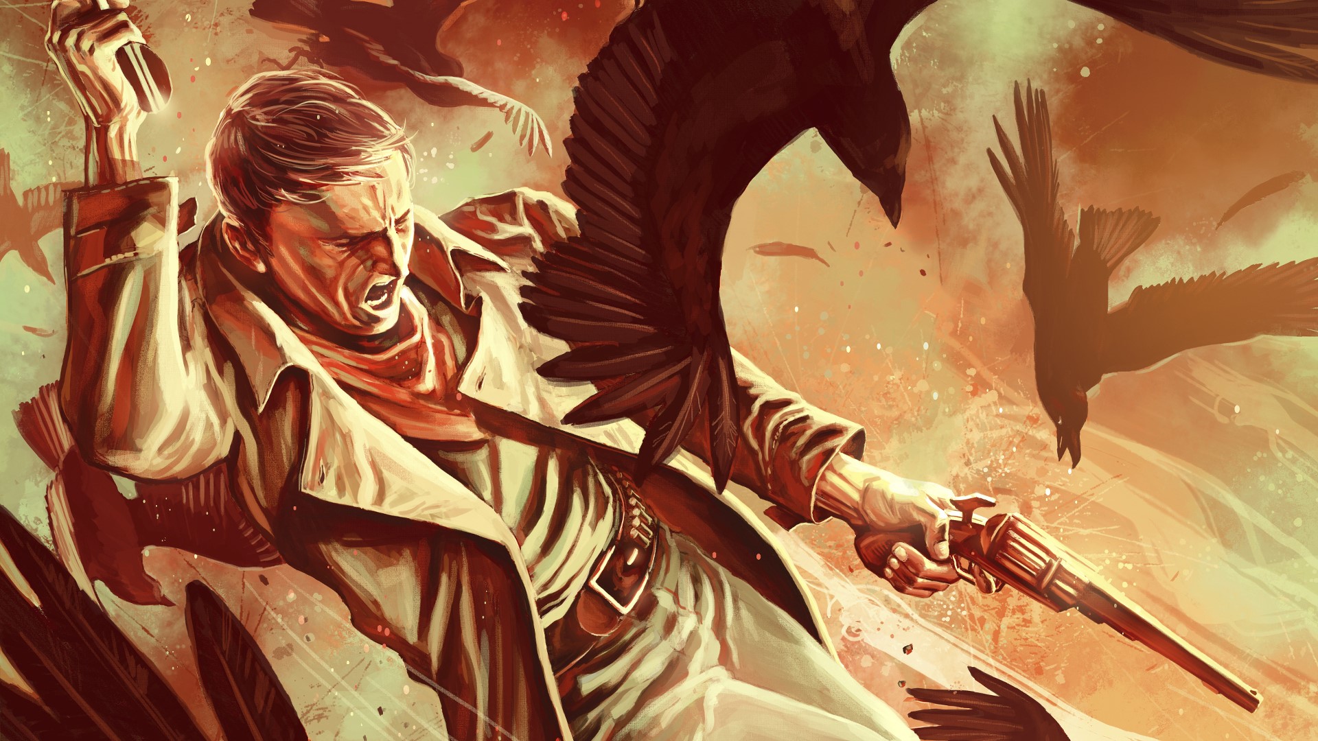 Man attacked by crows with a gun HD Wallpaper