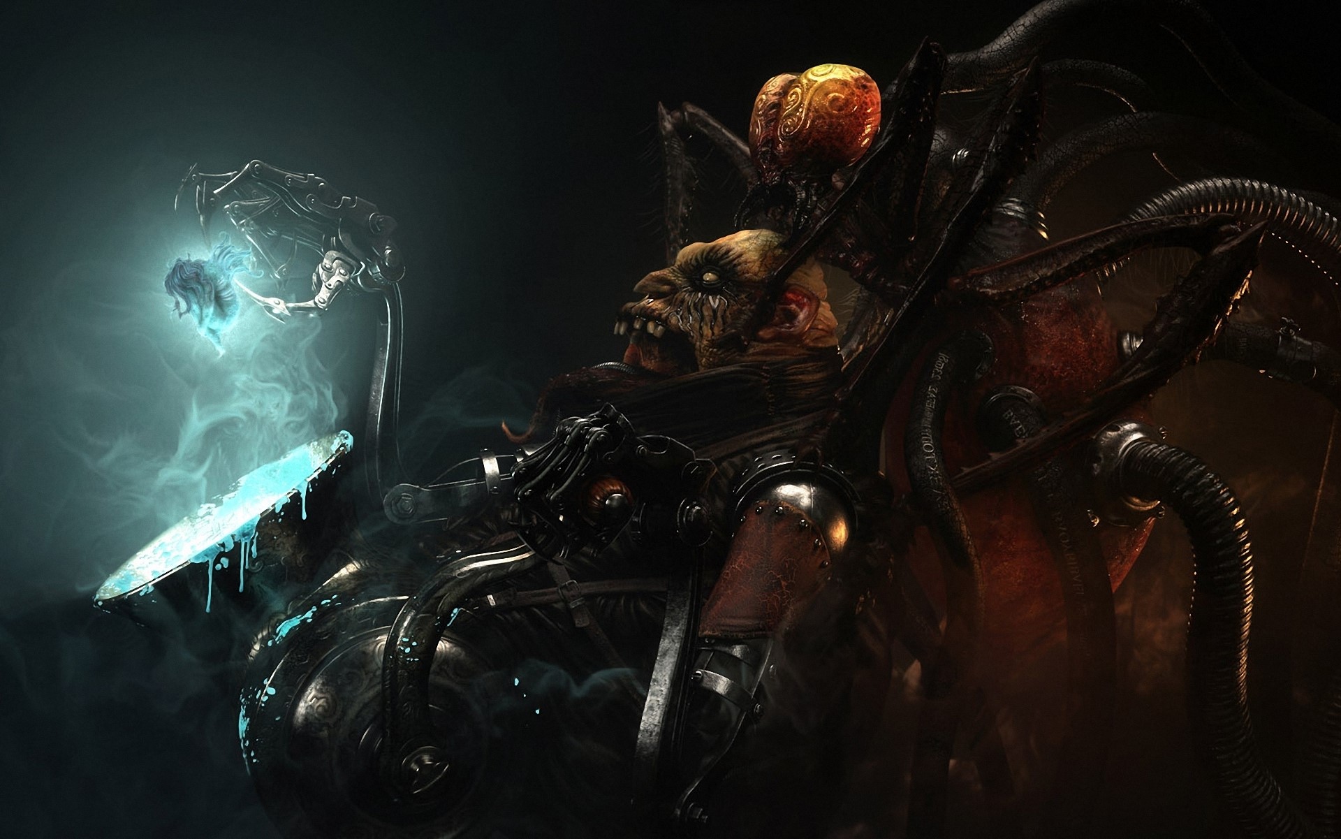 Monster with mechanical enhancements and glowing object HD Wallpaper