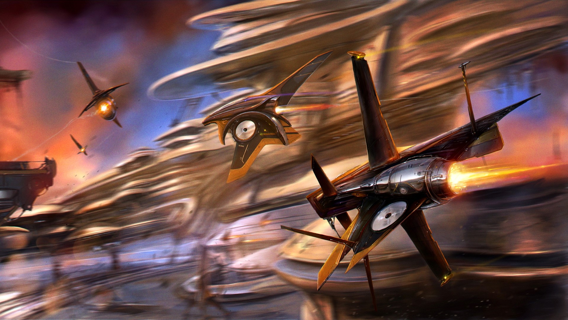 Futuristic spaceships in a fantastical city HD Wallpaper