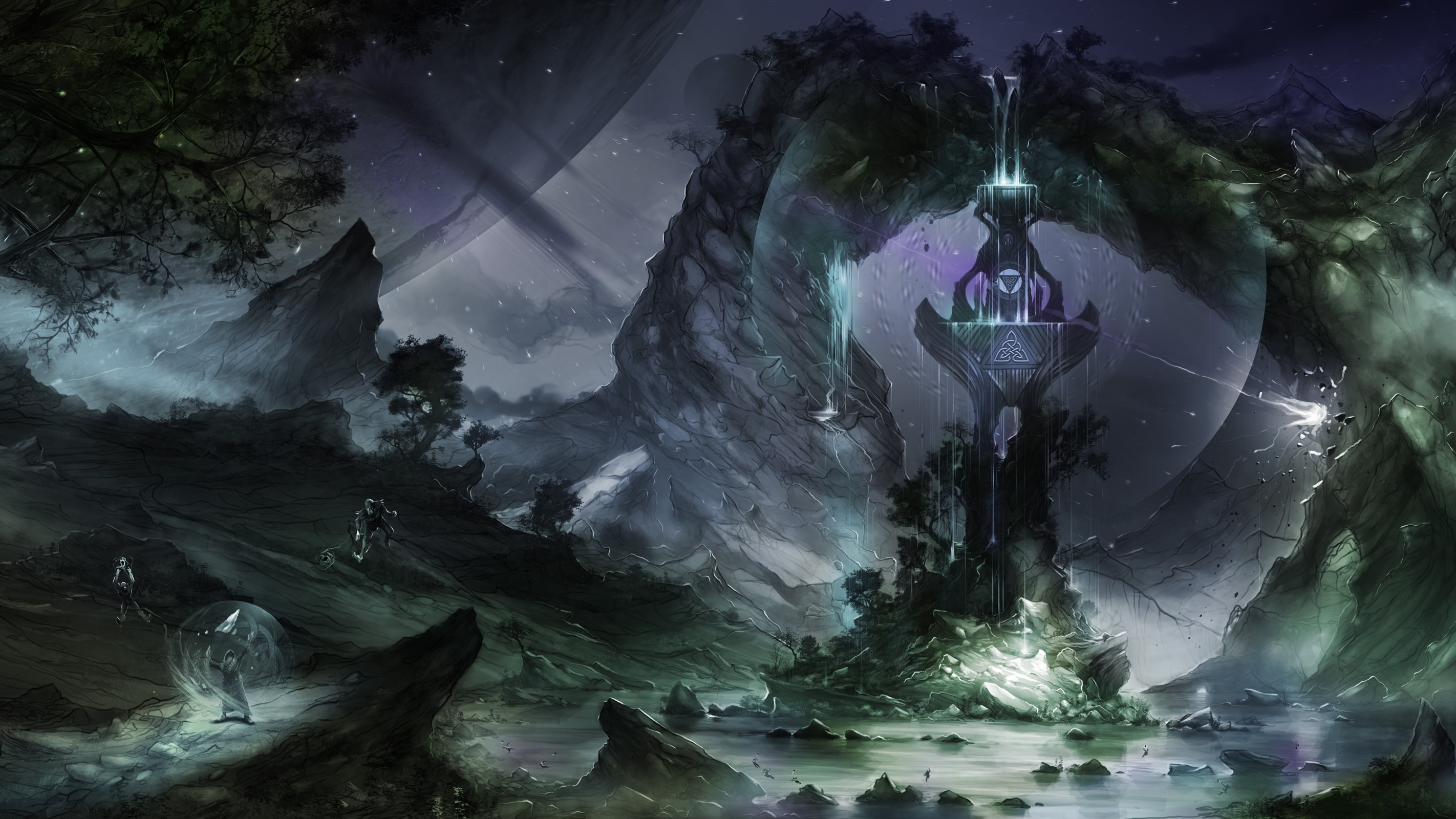 Fantasy landscape with glowing tower and figures HD Wallpaper