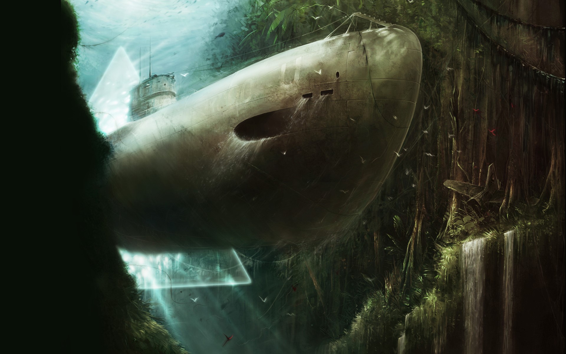 Submarine in a jungle river with waterfalls HD Wallpaper