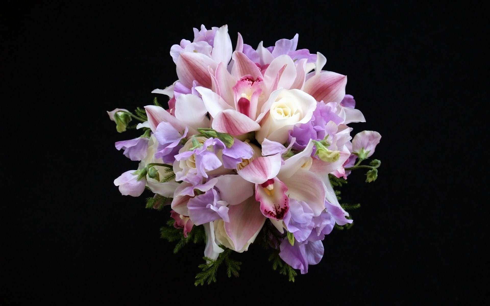 Pink and purple orchid and rose bouquet HD Wallpaper