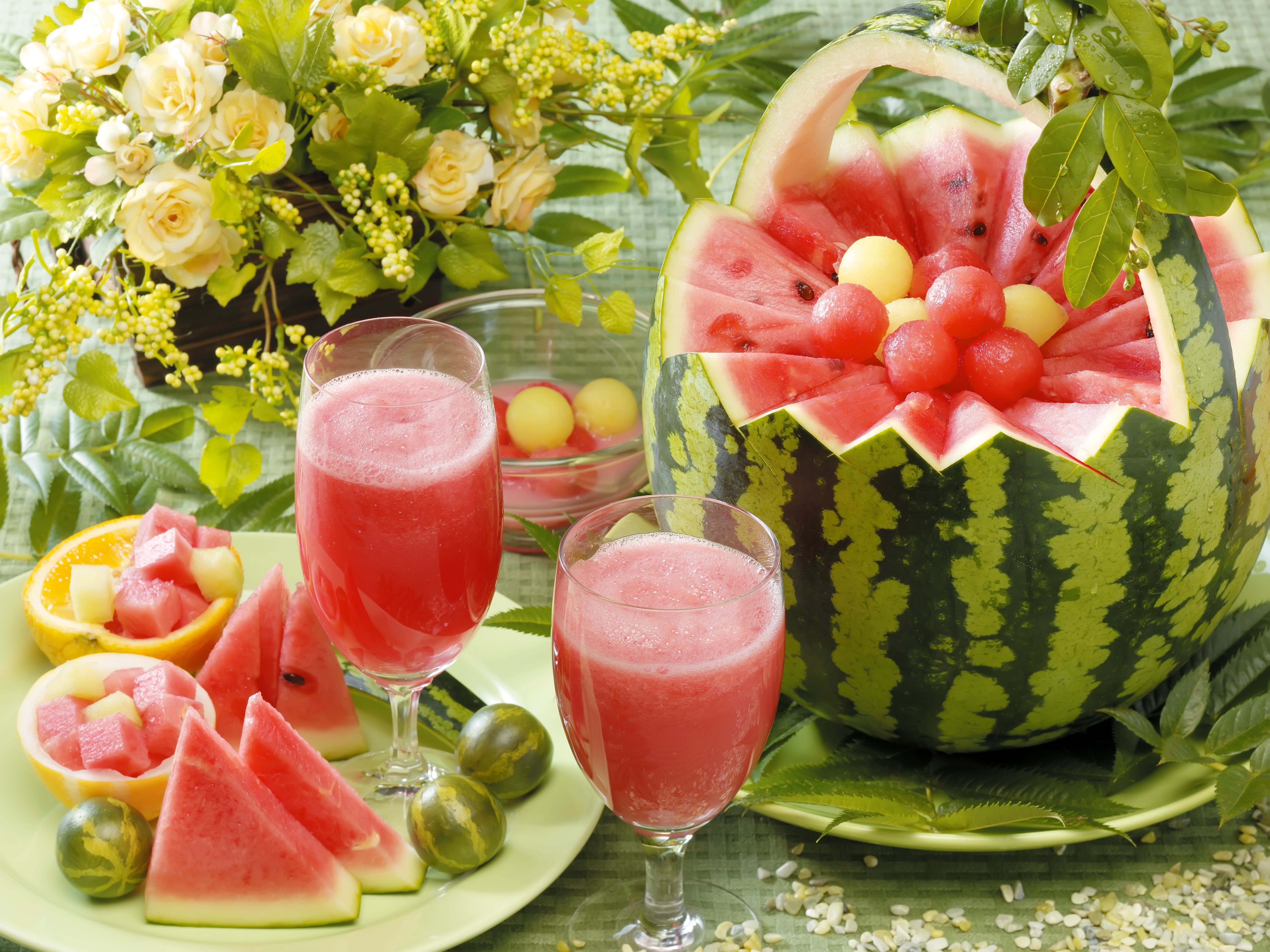 Watermelon Fruit Basket with Juice and Flowers HD Wallpaper