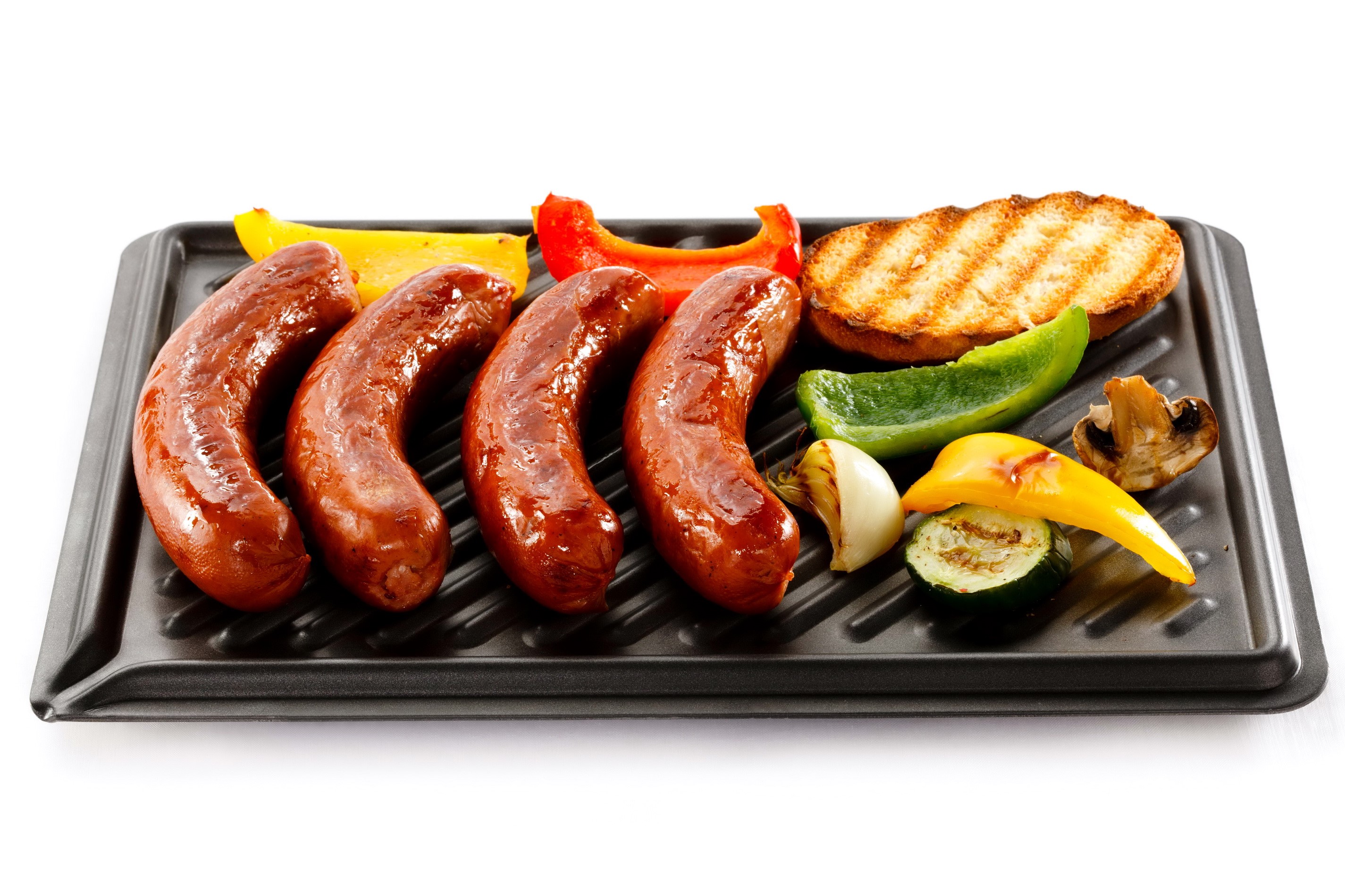 Grilled sausages and vegetables on a grill pan HD Wallpaper