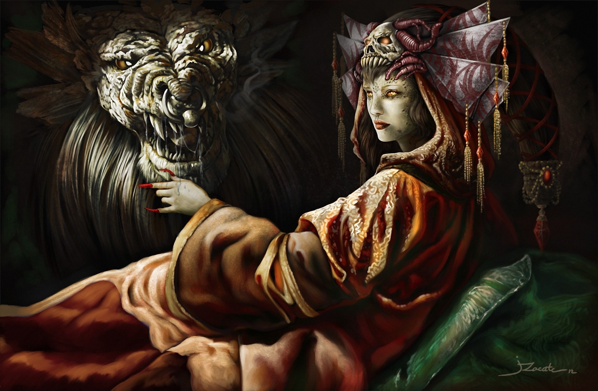 Demonic woman with a beast HD Wallpaper