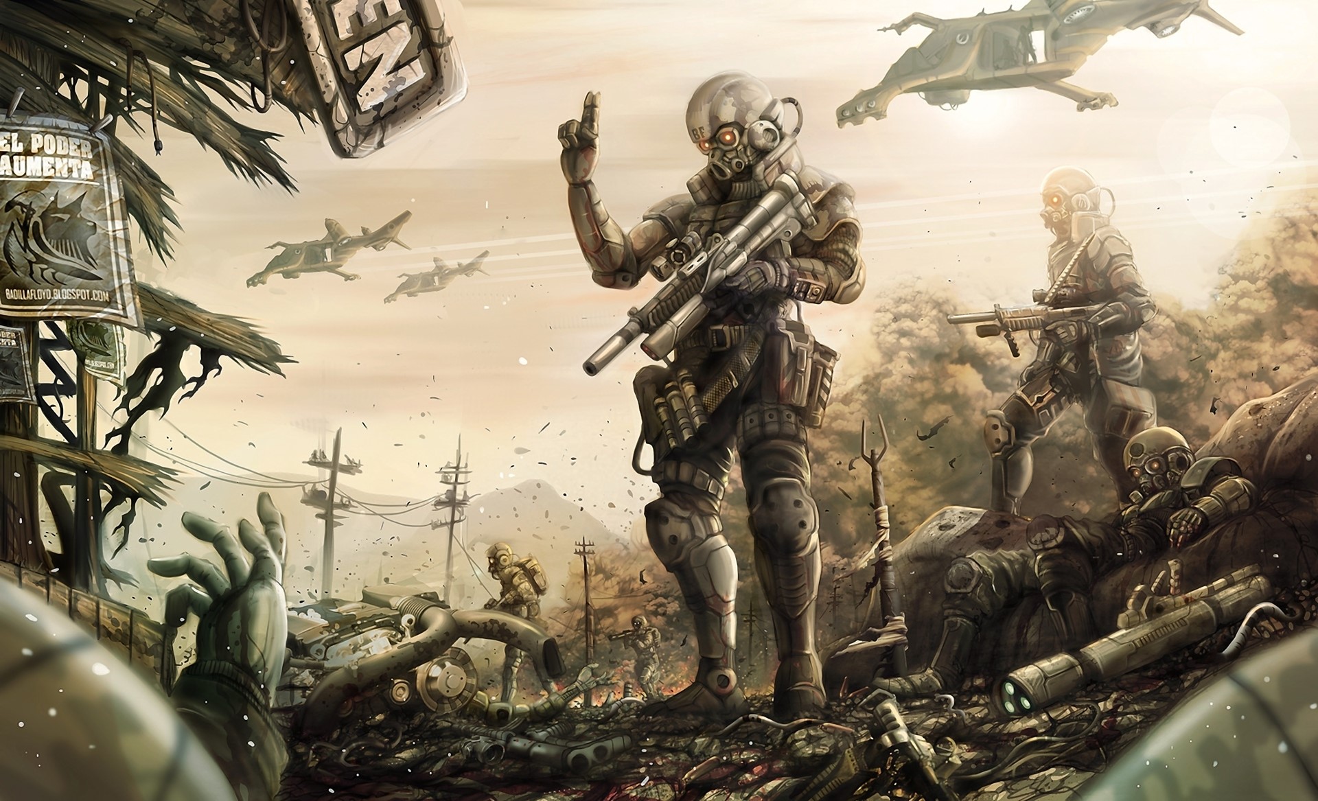 Post-apocalyptic soldiers with futuristic weapons and vehicles HD Wallpaper