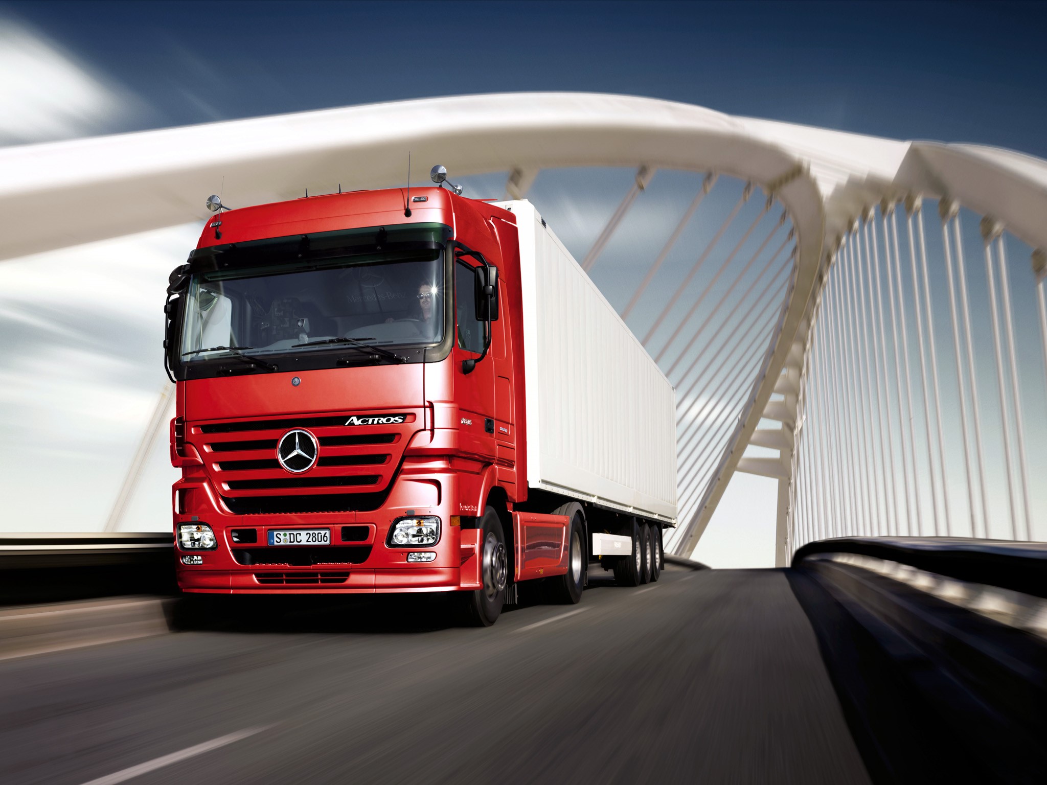 Red Mercedes-Benz Actros Truck on a Bridge HD Wallpaper