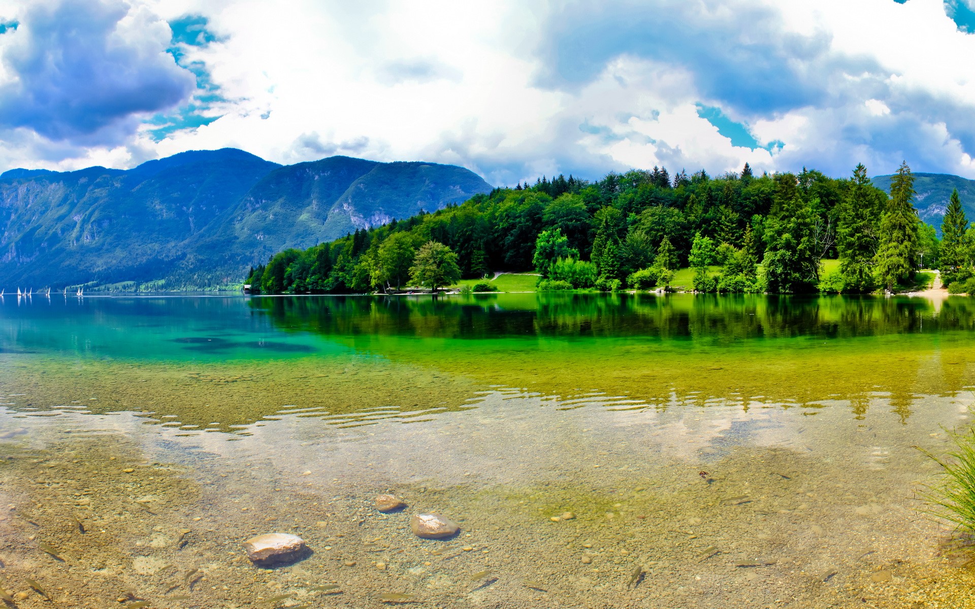Lake Bohinj, Slovenia with Mountains and Clouds HD Wallpaper