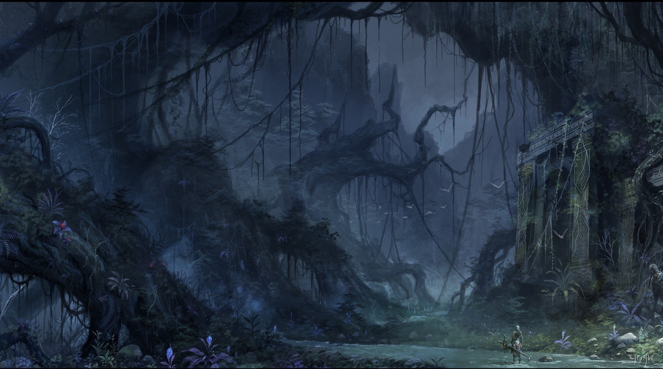Fantasy jungle ruins with a lone figure HD Wallpaper