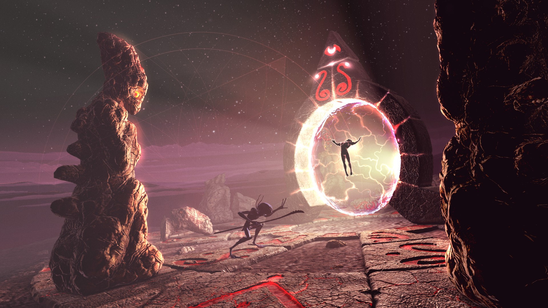 Alien figures and portal in a rocky alien landscape HD Wallpaper