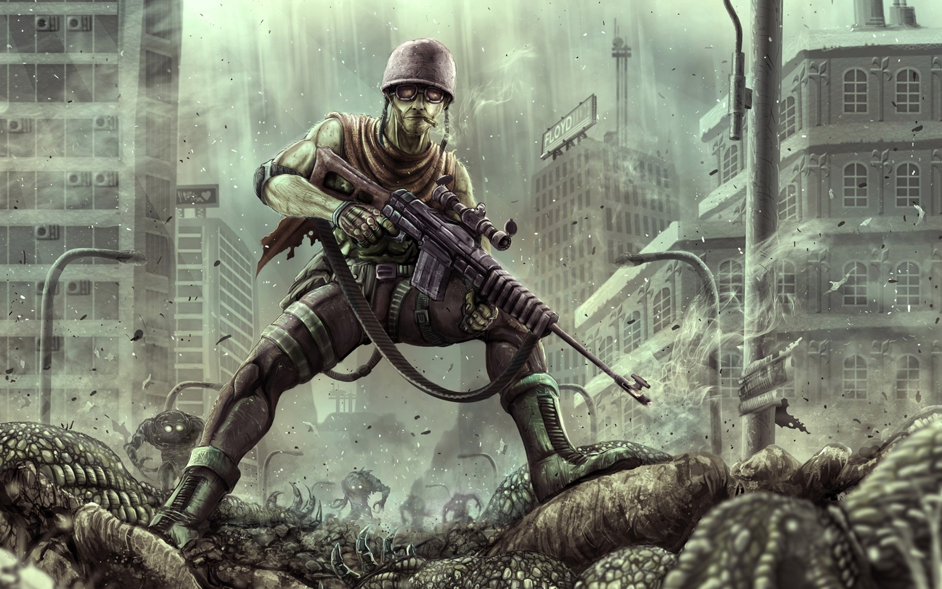 Mutant soldier with sniper rifle in ruined city HD Wallpaper