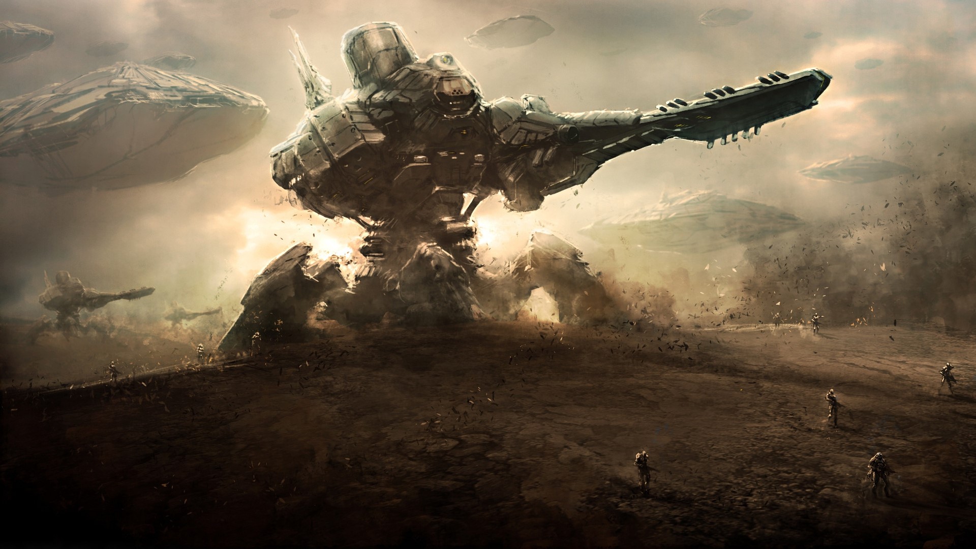 Giant mech and alien ships in a warzone HD Wallpaper