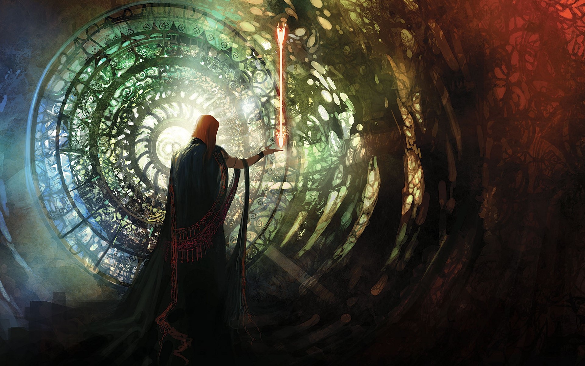 Figure in a dark robe holding a glowing staff HD Wallpaper
