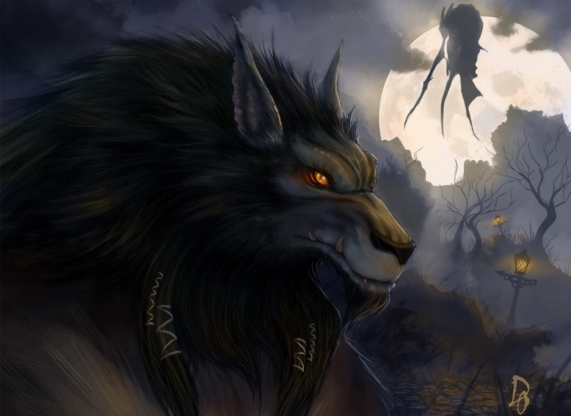 Werewolf in a spooky forest under a full moon HD Wallpaper