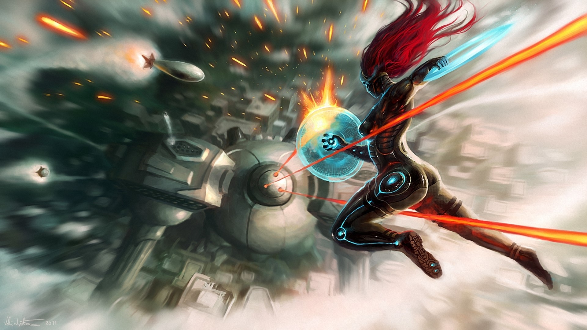 Sci-fi warrior with energy swords and shield battles a futuristic structure HD Wallpaper
