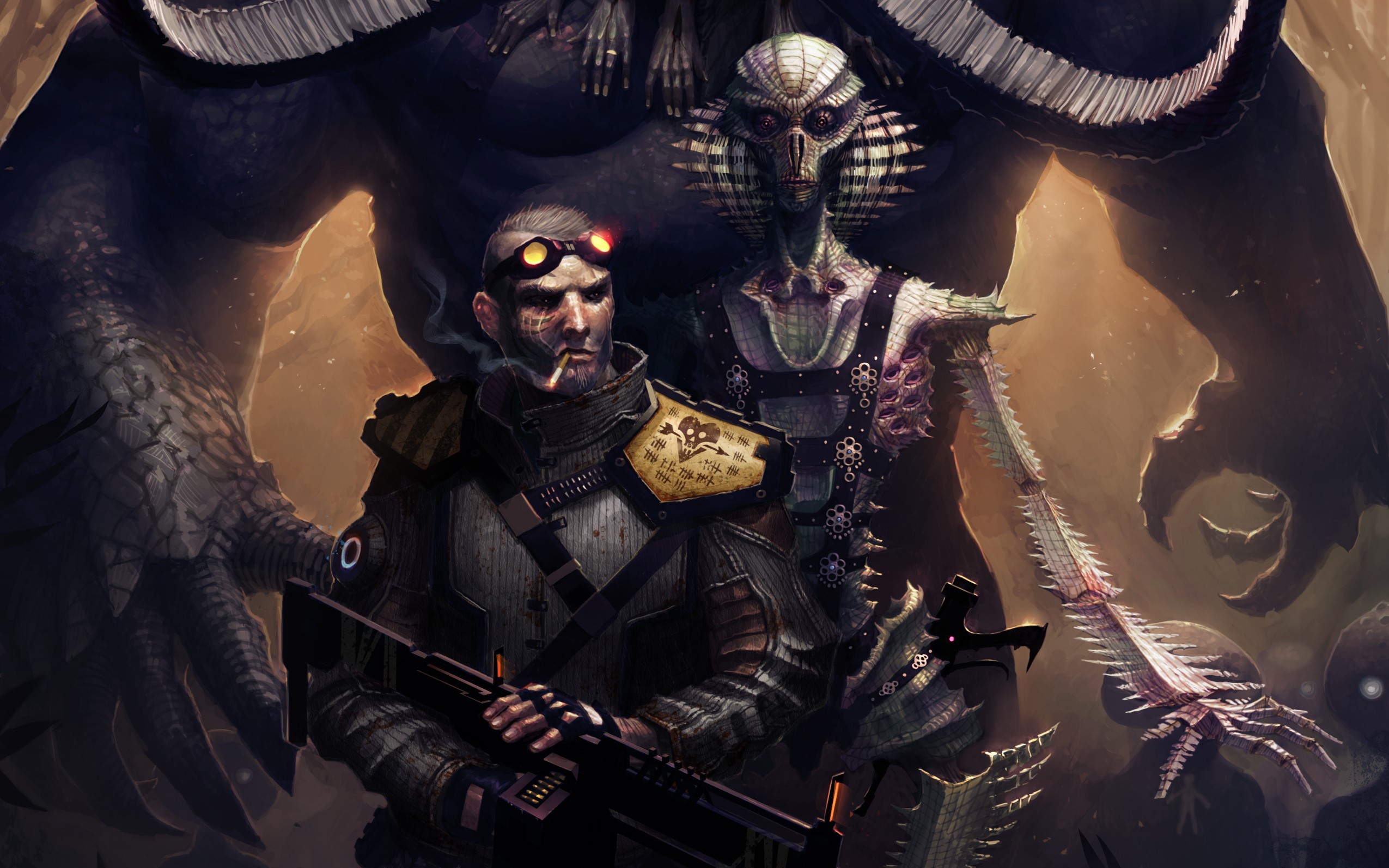 Man with goggles and alien warrior with monster HD Wallpaper