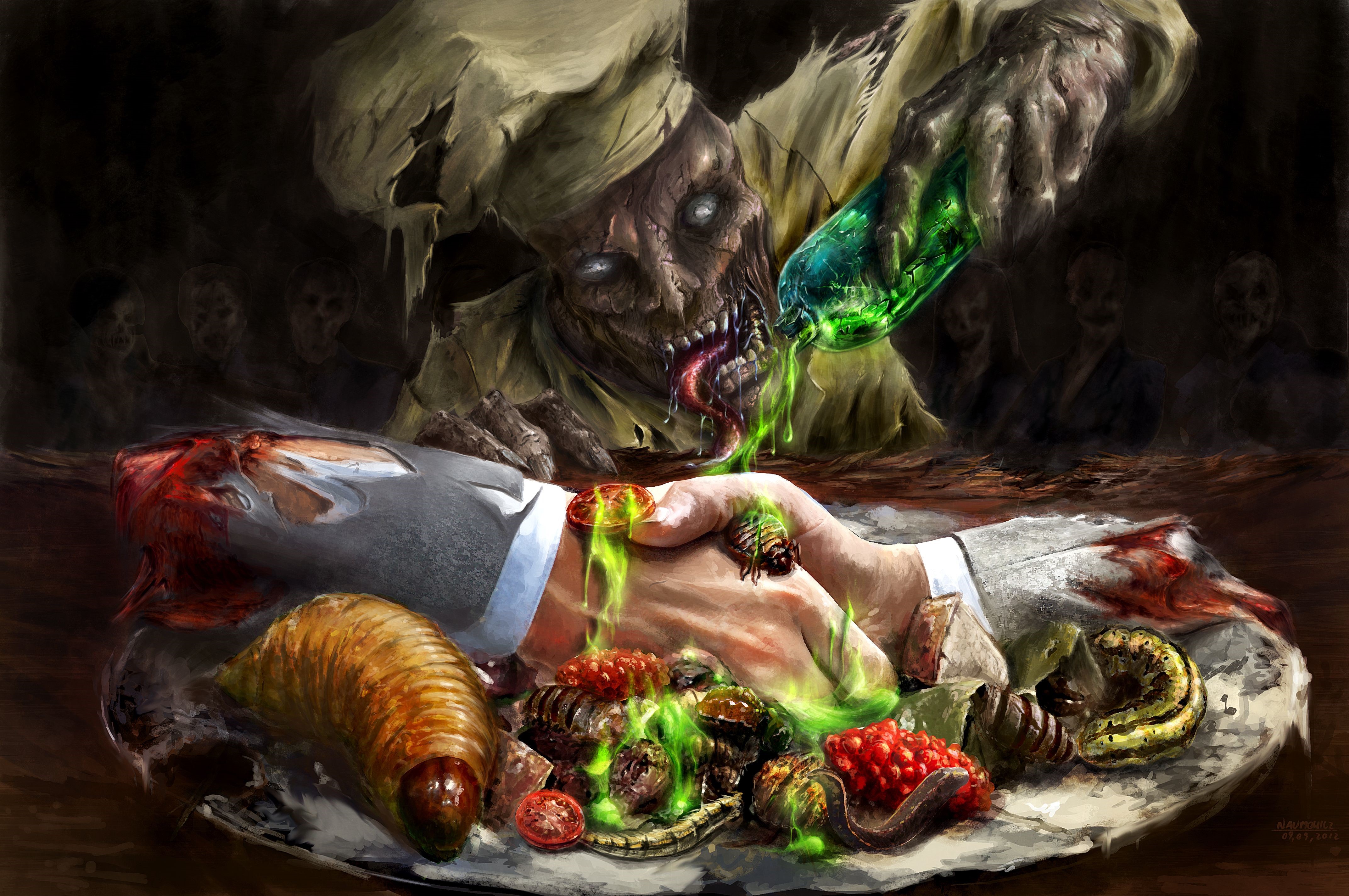 Zombie chef pouring green liquid on a plate of food HD Wallpaper
