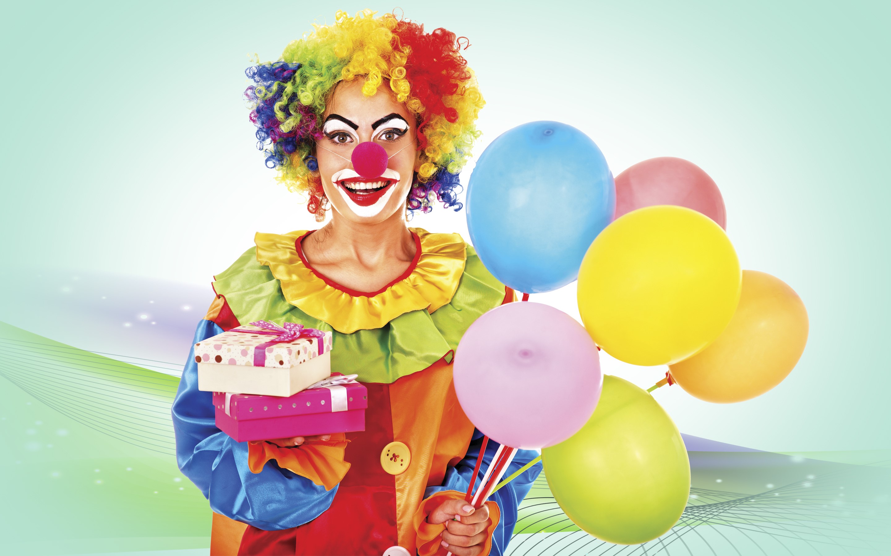 Clown holding gifts and balloons HD Wallpaper