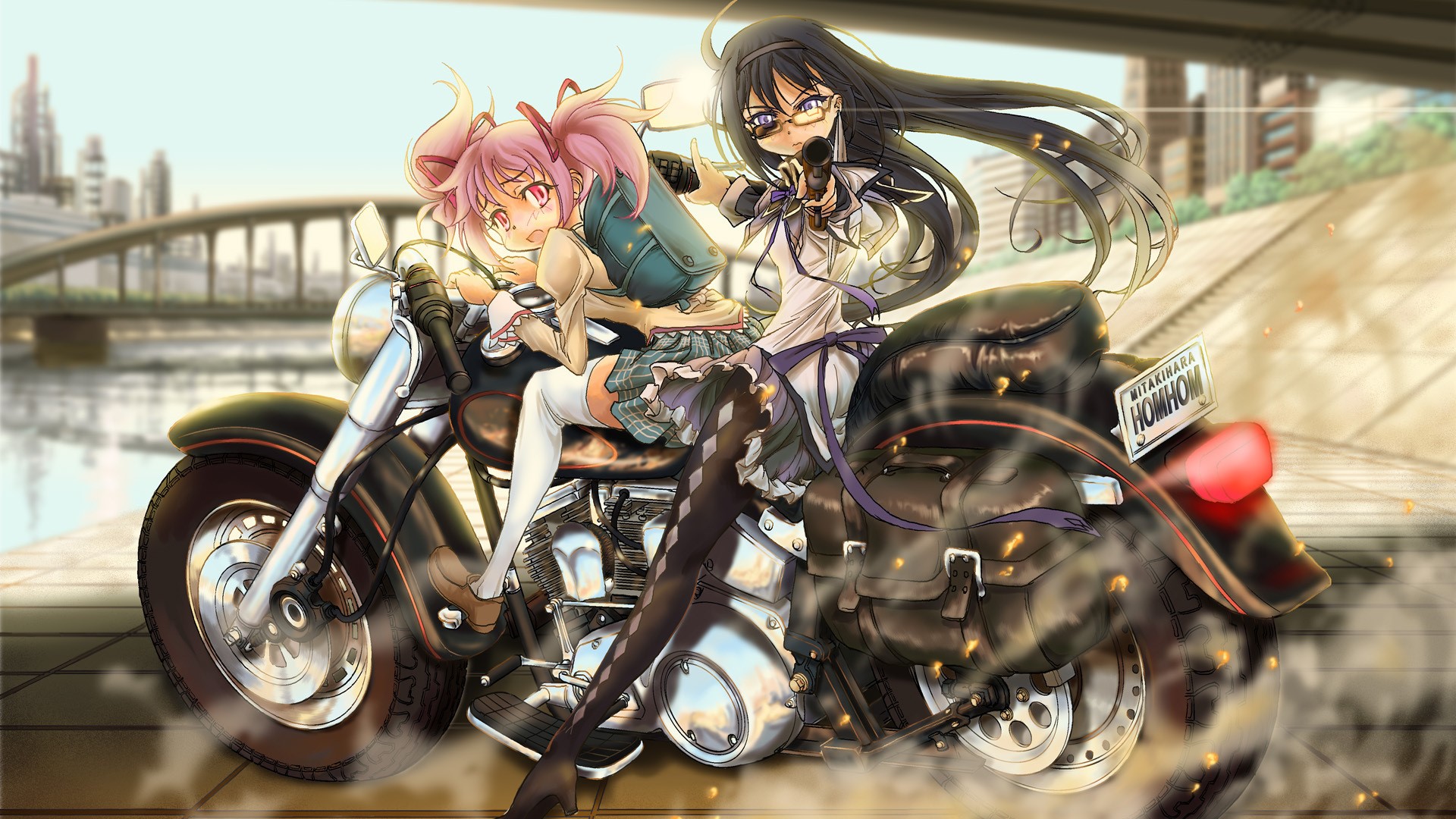 Homura and Madoka on a motorcycle from Mahou Shoujo Madoka Magica HD Wallpaper