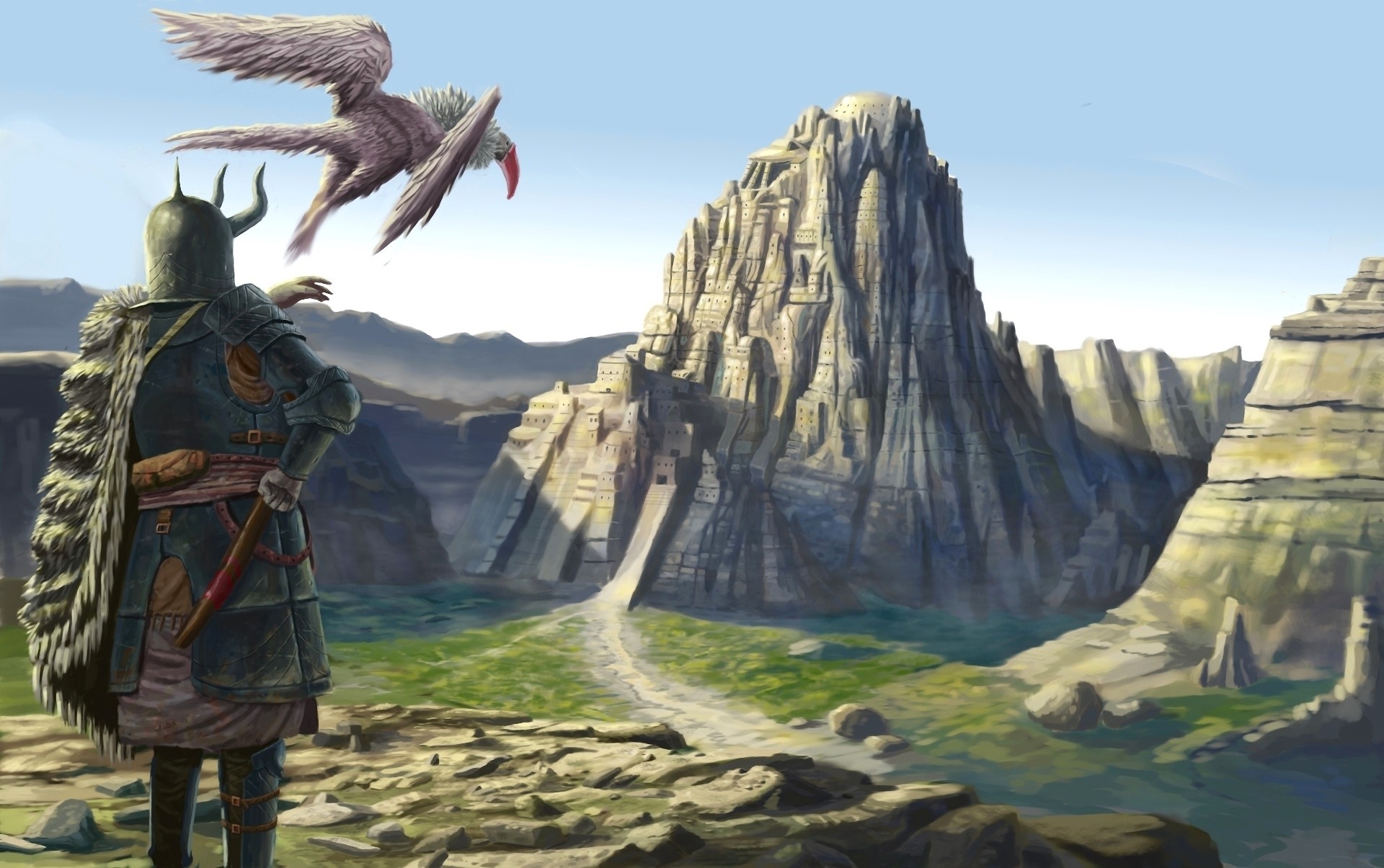 Warrior and bird near ancient mountain city HD Wallpaper