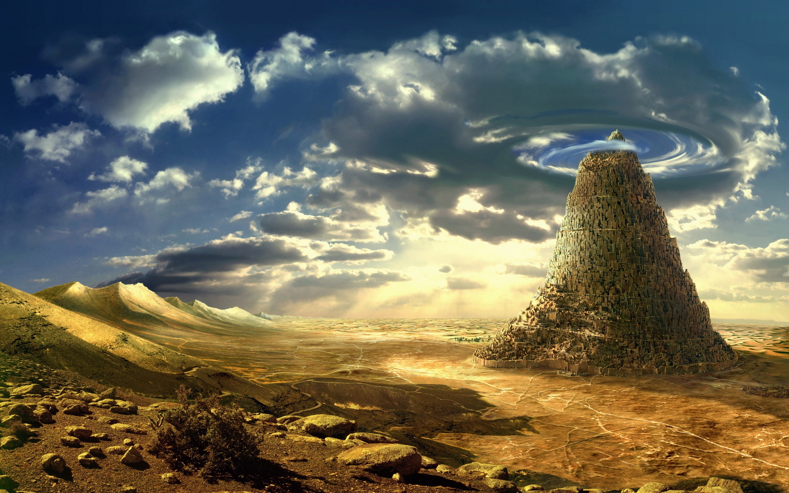 Fantastic world with a towering city and mountains HD Wallpaper