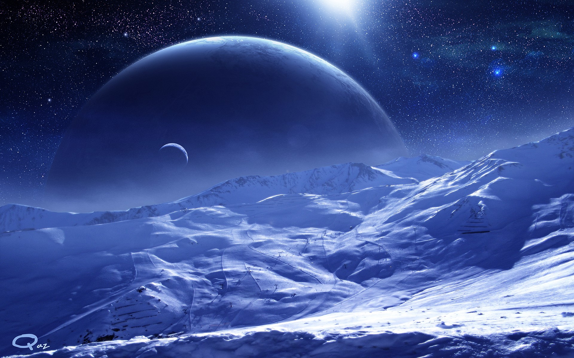 Snowy alien landscape with a large planet and moon HD Wallpaper