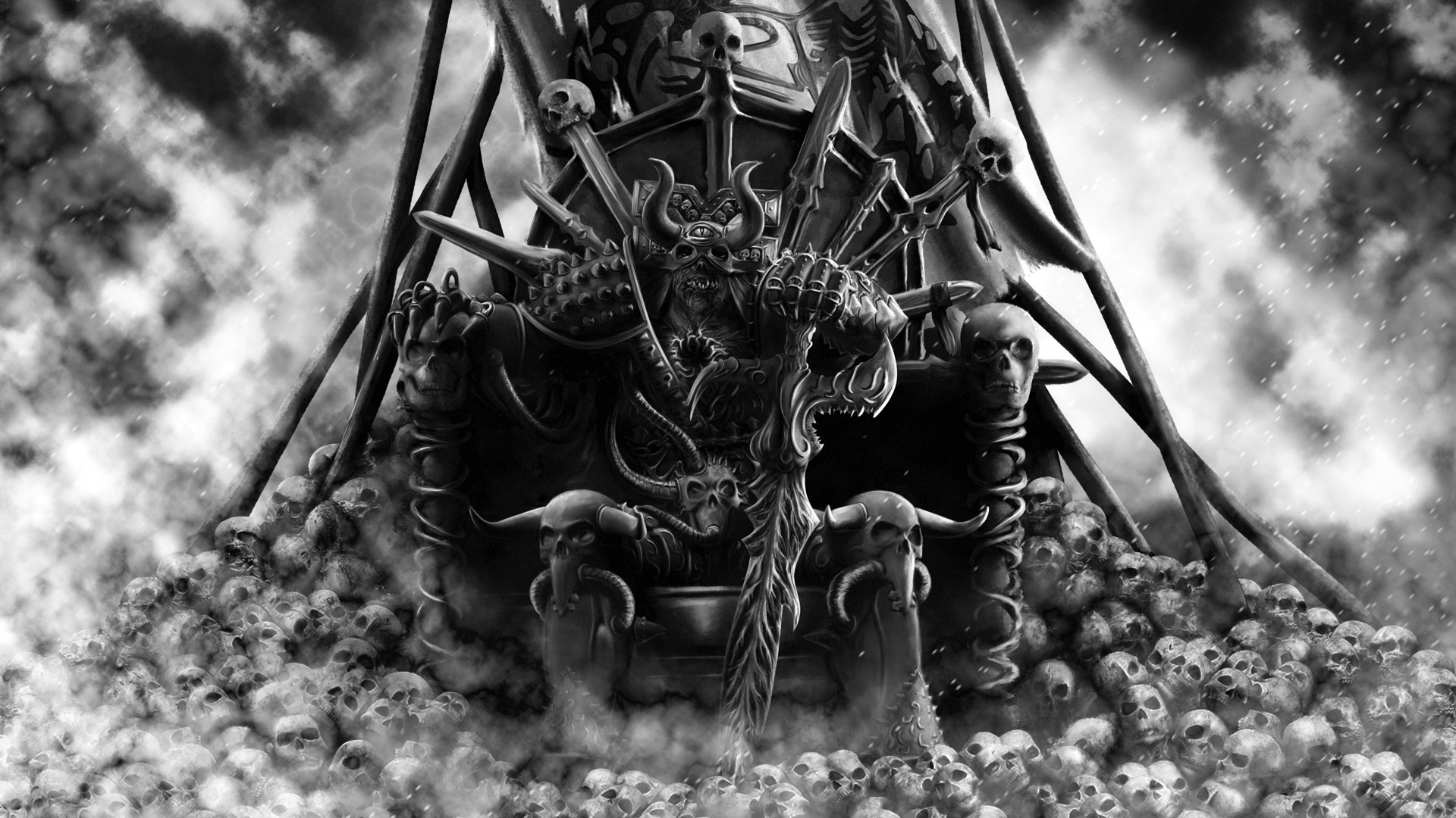 A demonic figure on a throne of skulls HD Wallpaper