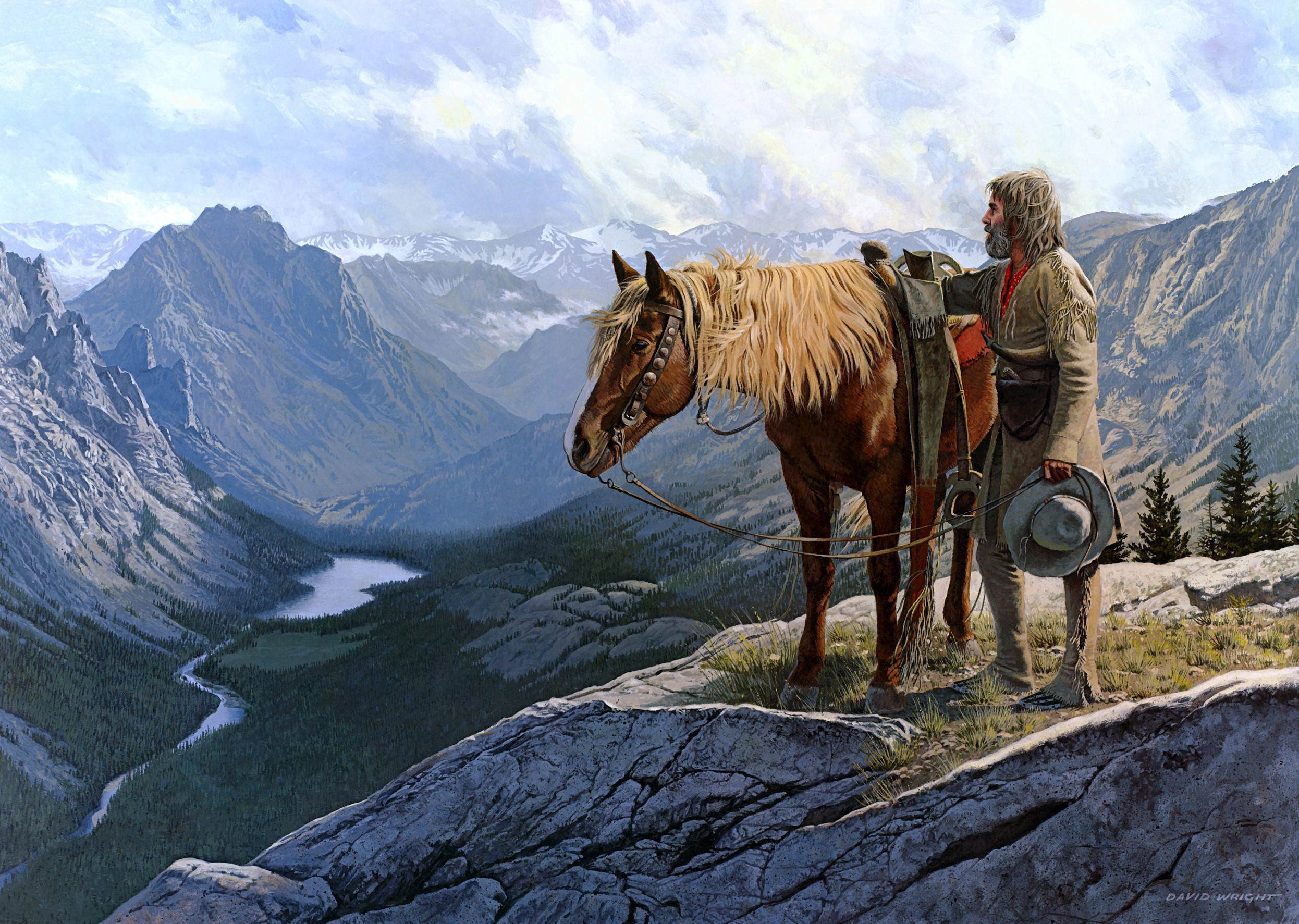 Man and horse overlooking a mountain valley HD Wallpaper