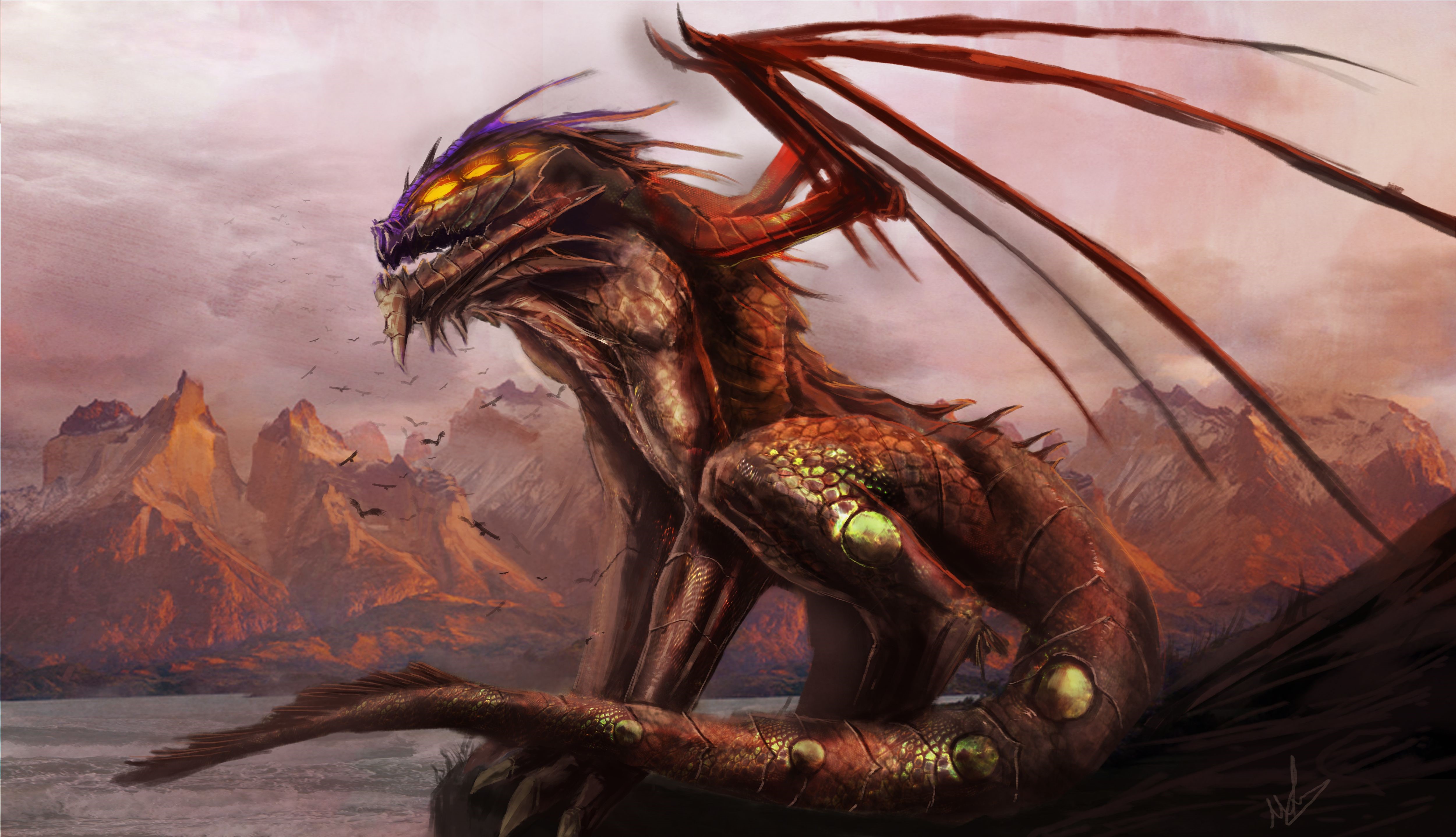 Dragon in a mountainous landscape HD Wallpaper