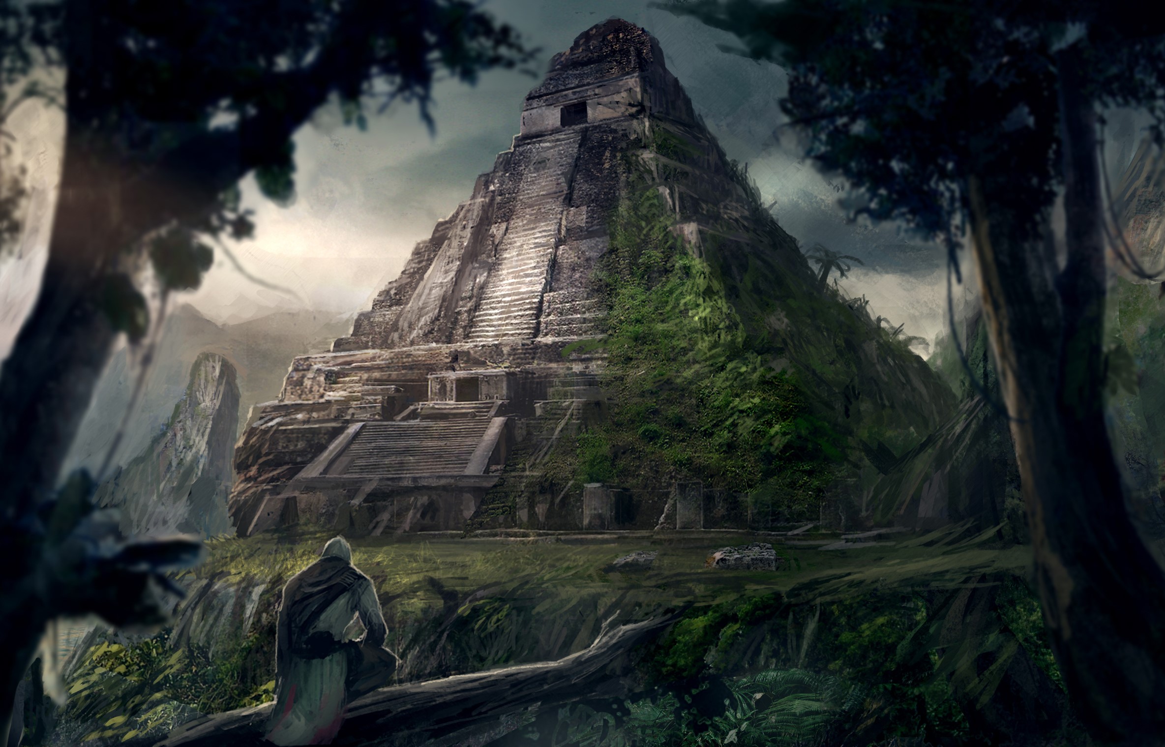 Assassin from Assassin's Creed in a jungle near a pyramid HD Wallpaper